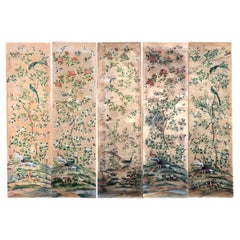 Five Hand-Painted Chinese Wallpaper Panels, 18th Century, Distressed