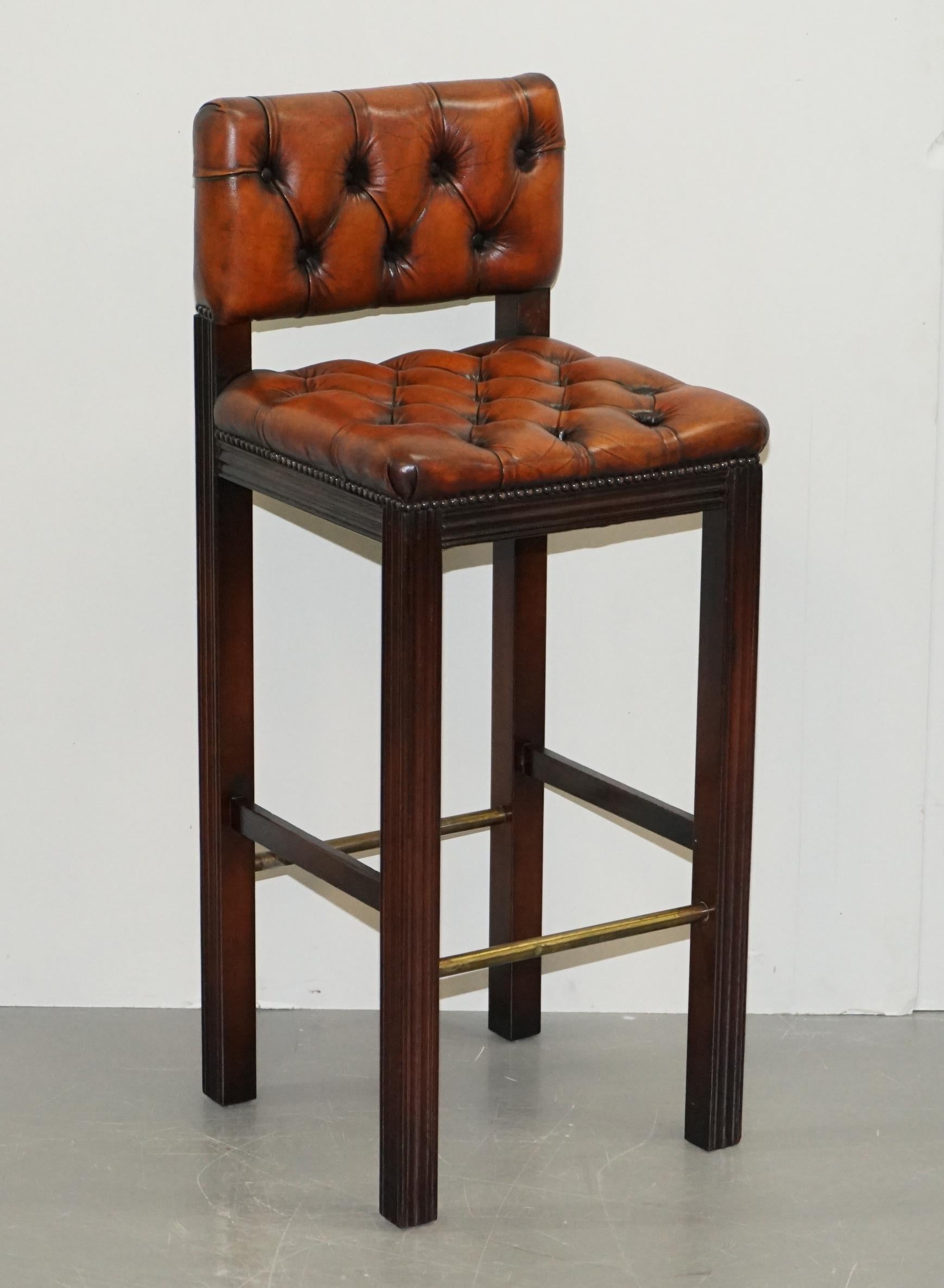We are delighted to offer this sublime pair of Harrods London fully restored whisky brown leather Chesterfield button bar stools

A very rare vintage suite of five Harrods bar stools, these are approximately 40-50 years old, they were made by