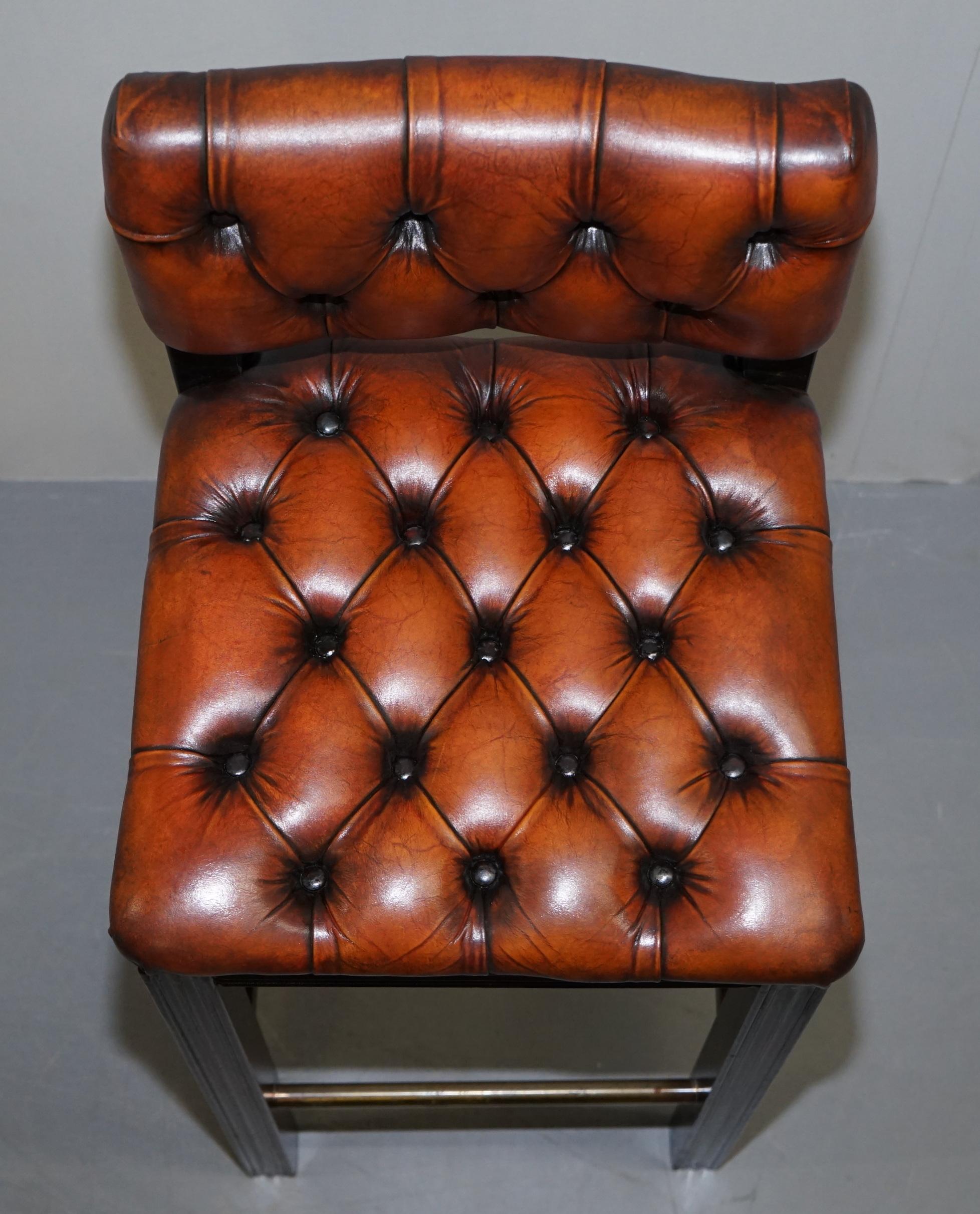 English Five Harrods London Fully Restored Chesterfield Brown Leather Bar Kitchen Stools