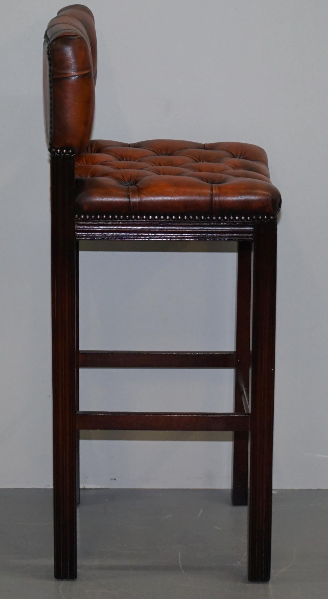Late 20th Century Five Harrods London Fully Restored Chesterfield Brown Leather Bar Kitchen Stools