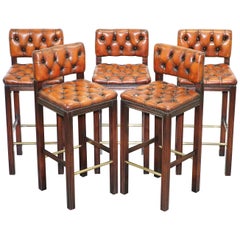 Vintage Five Harrods London Fully Restored Chesterfield Brown Leather Bar Kitchen Stools