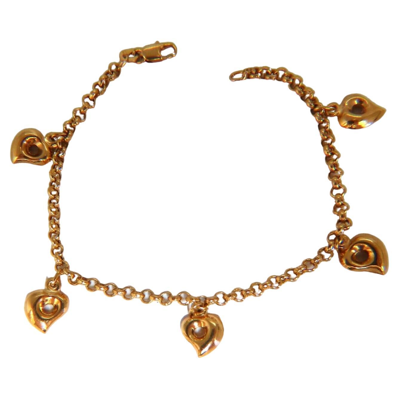 Five Heart Charm Link Bracelet 14 Karat Gold