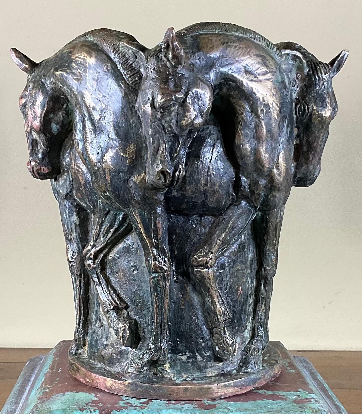 Exceptional bronze sculpture with five horses circling around, vivid beautiful detail and expression, also Great function as flowers vase .
Beautiful object of are for horse lovers.