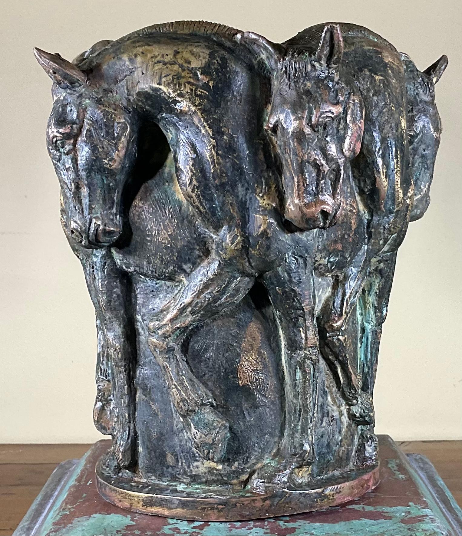 Hand-Crafted Five Horses Bronze Vase Sculpture