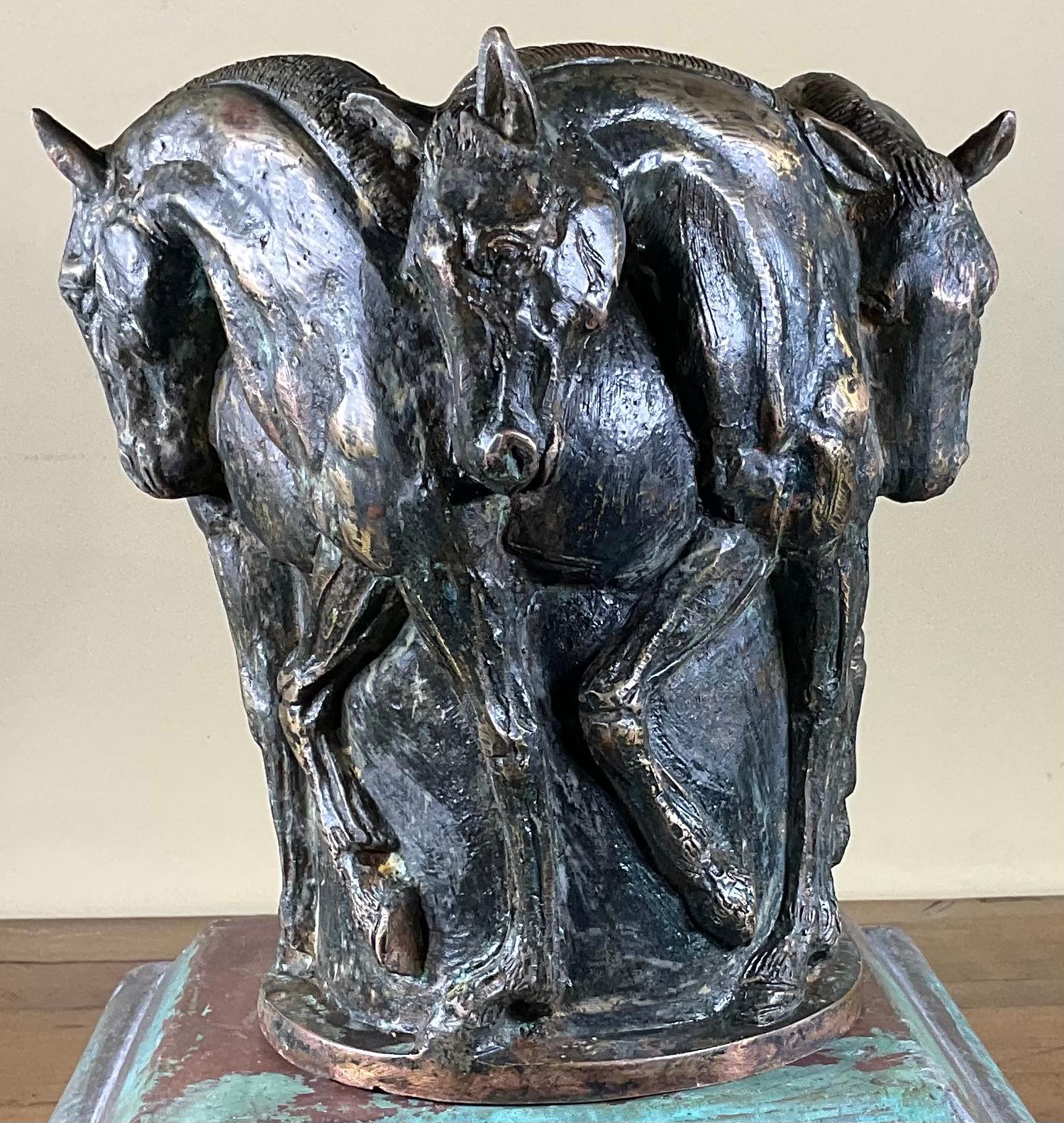 20th Century Five Horses Bronze Vase Sculpture