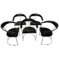 Five Italian Chrome and Black Leather Cantilever Armchairs, Handmade by Frag