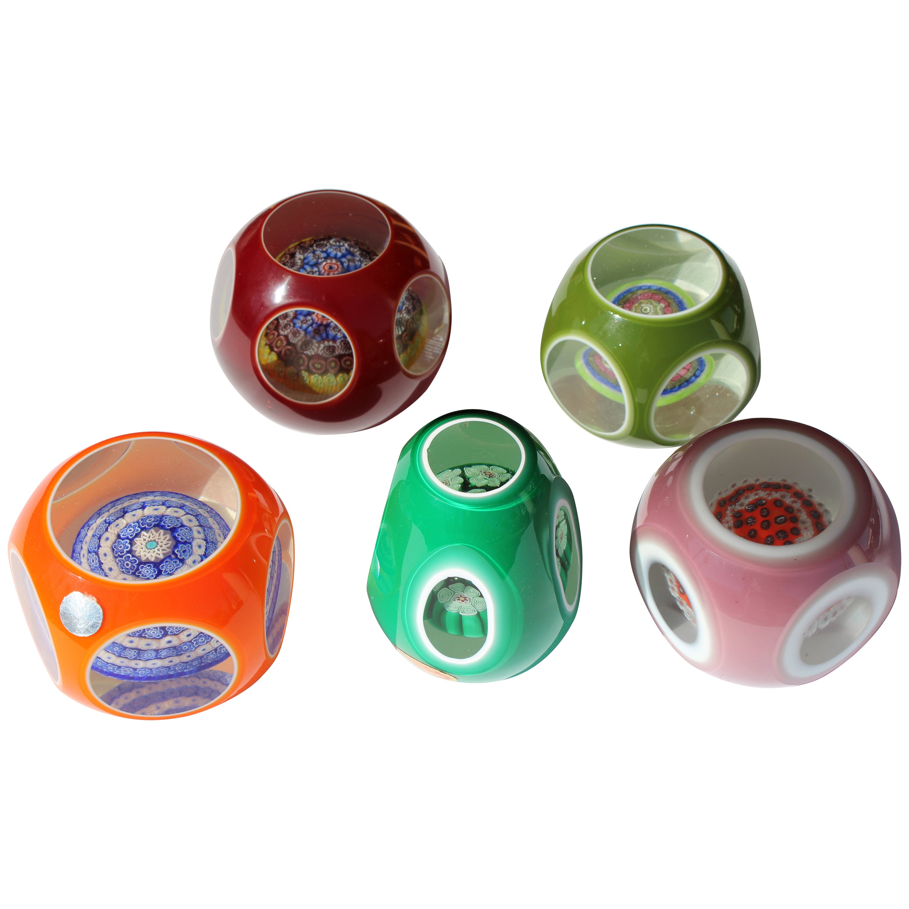 Five Italian Millefiori Cased Glass Paperweights