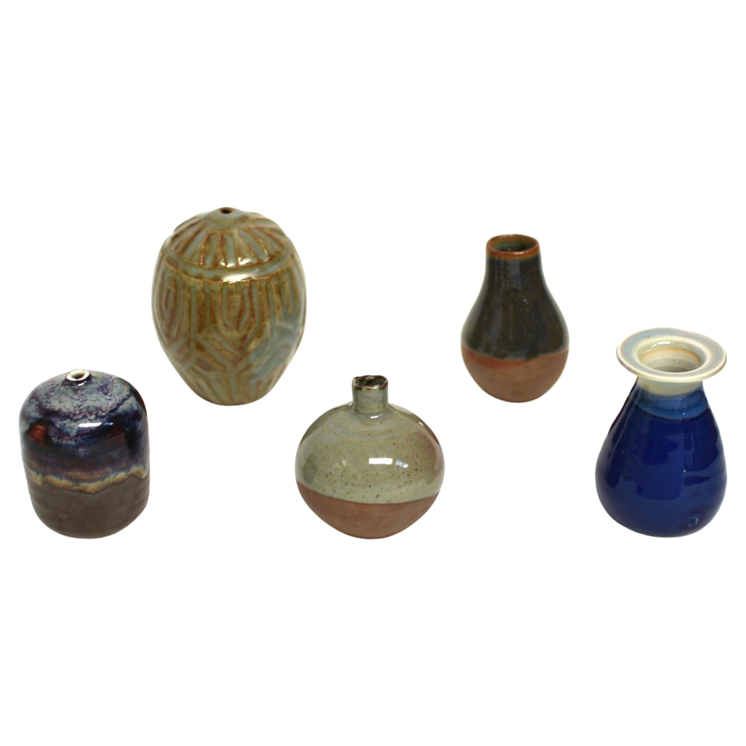 Five Japanese Wabi Sabi Small Glazed Pottery Vases 
