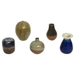 Five Japanese Wabi Sabi Small Glazed Pottery Vases 