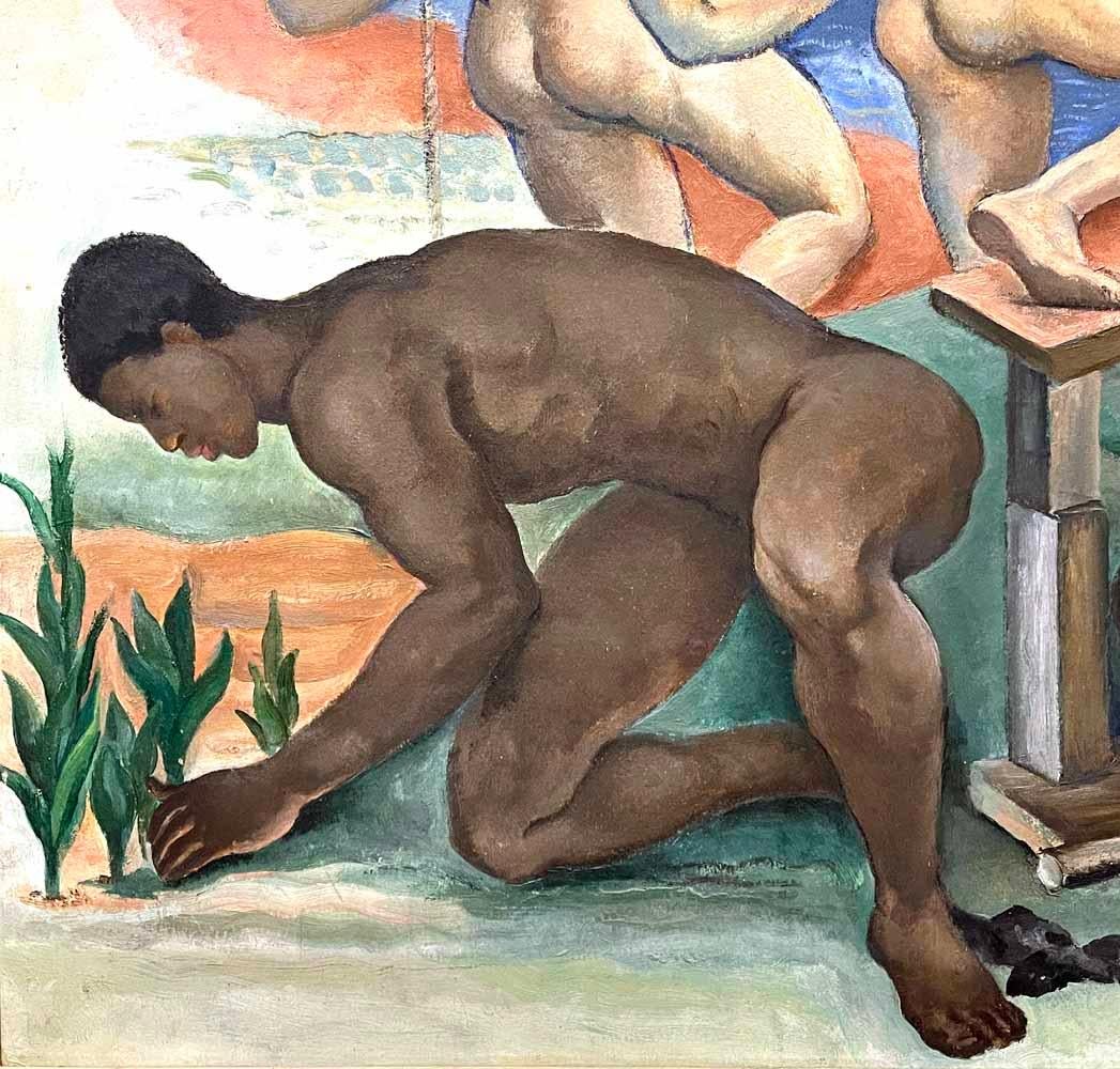 Exemple extraordinaire de peinture Art déco à signification allégorique - comme tant de peintures murales réalisées dans les années 1920 et 1930 - cette grande œuvre de William L'Engle représente cinq personnages masculins nus travaillant dans un