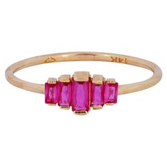 Five lab ruby Baguette Cut 14k gold ring.