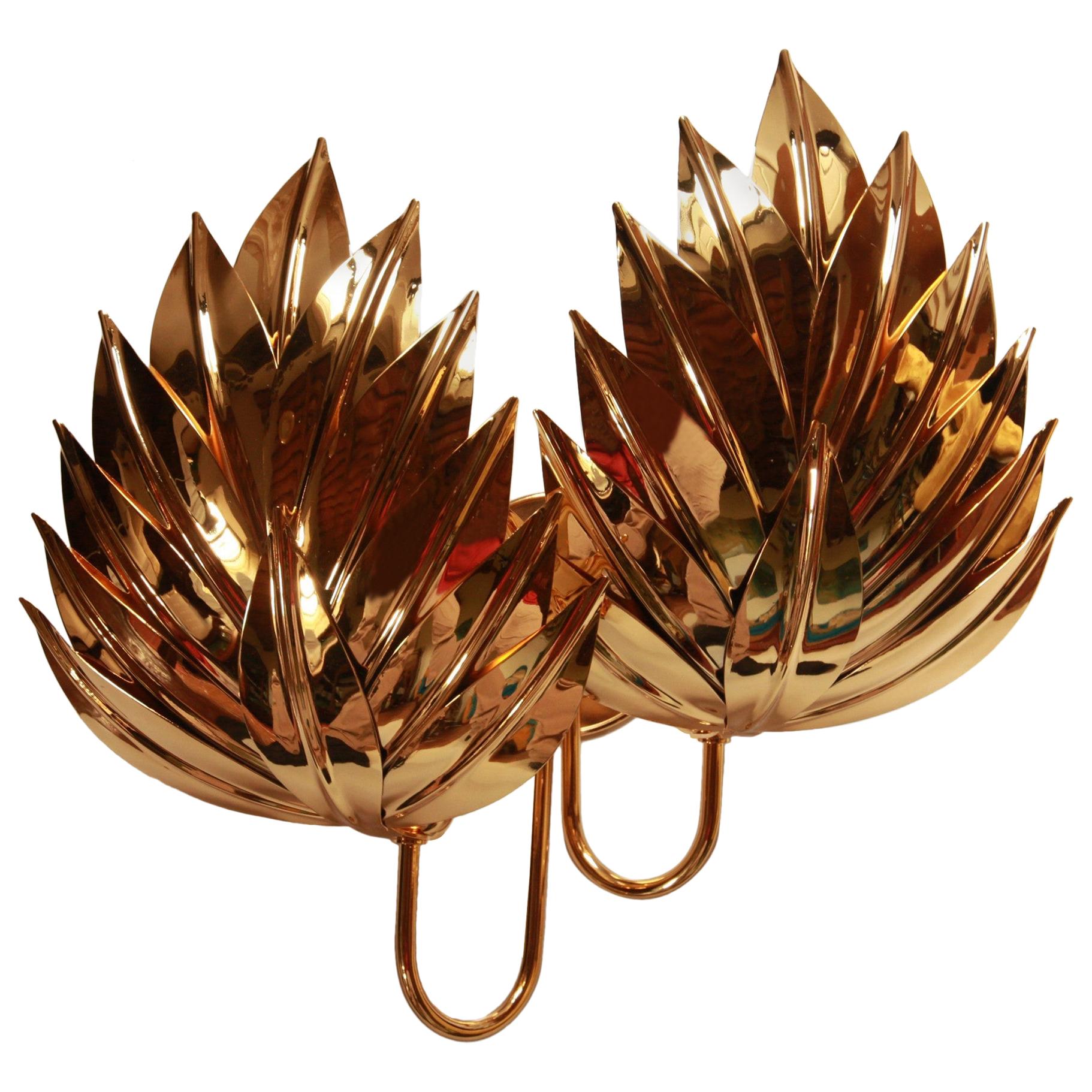 Five Large Brass Gilded Pair of Palm Sconces, Maison Jansen Attribution