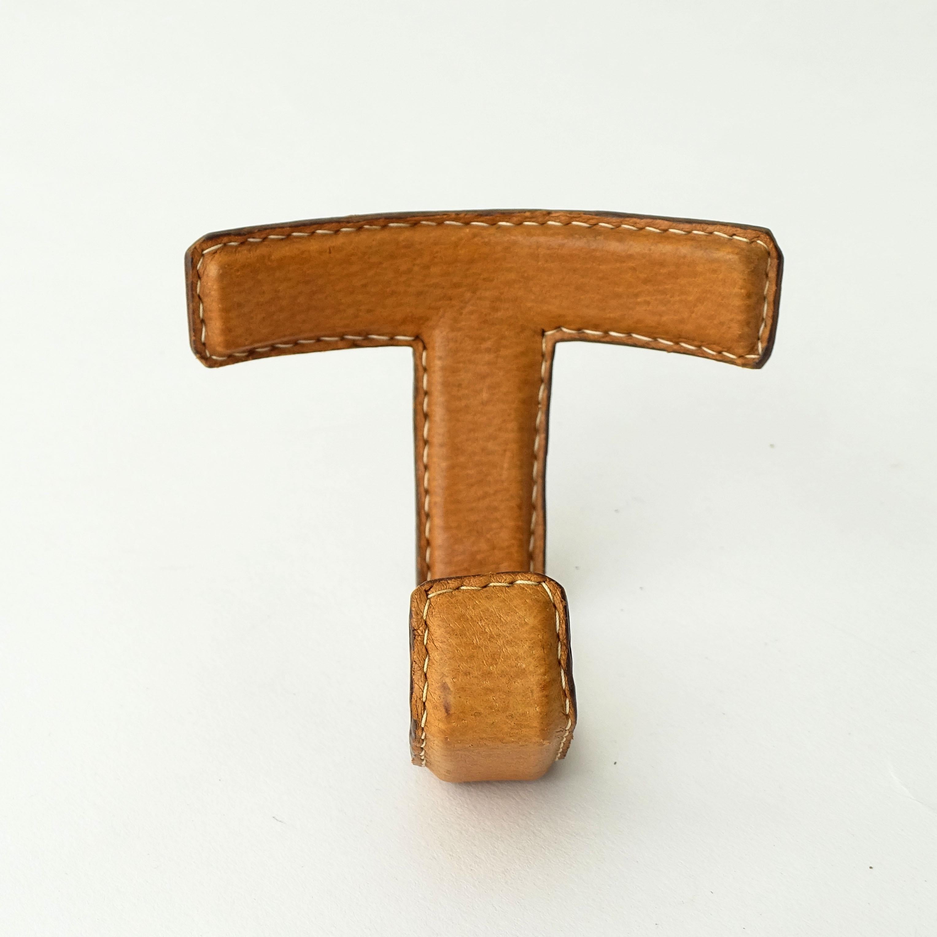 Mid-Century Modern Five Leather Bound and Over Stitched Wall Coat Hangers, France 1960s For Sale