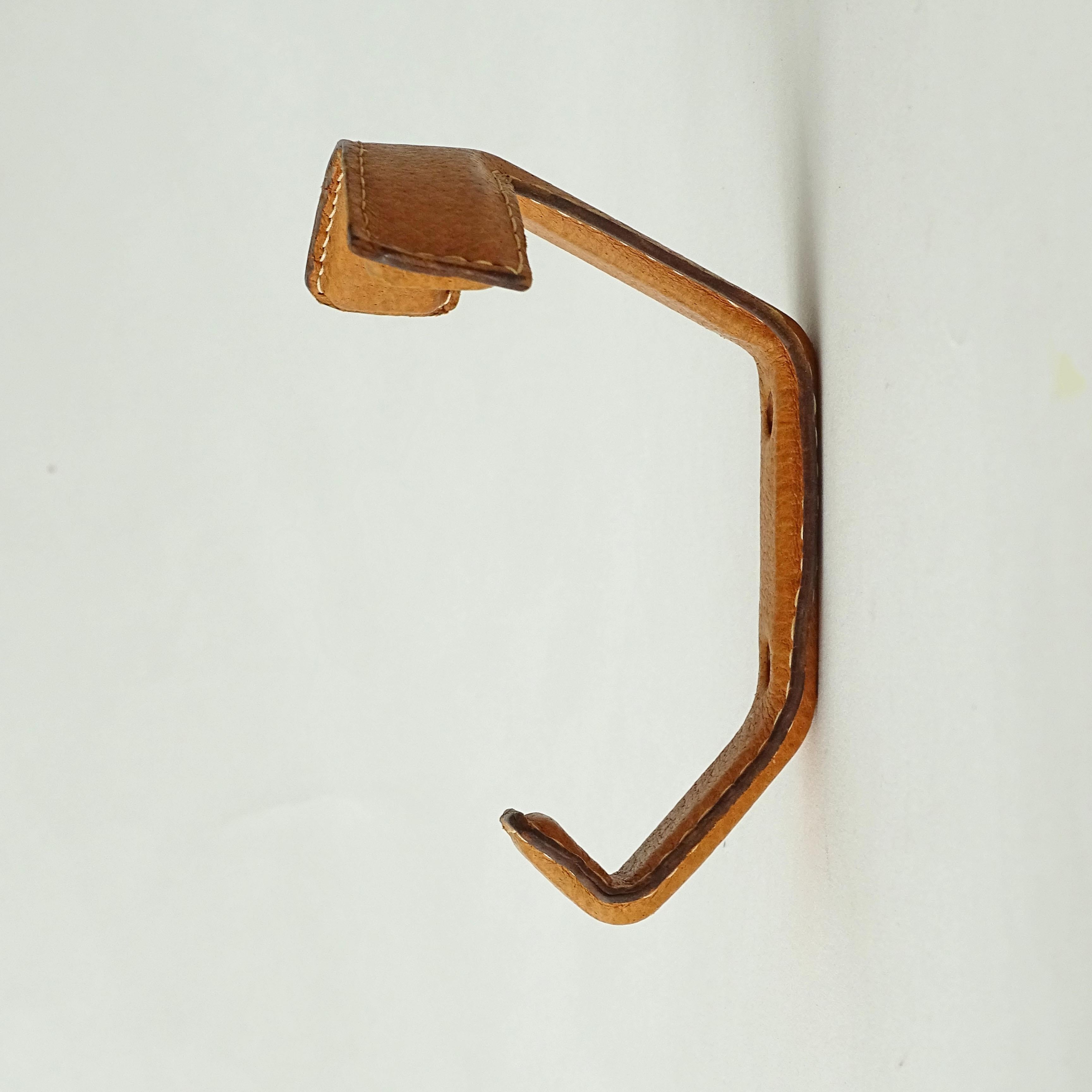 Five Leather Bound and Over Stitched Wall Coat Hangers, France 1960s For Sale 2