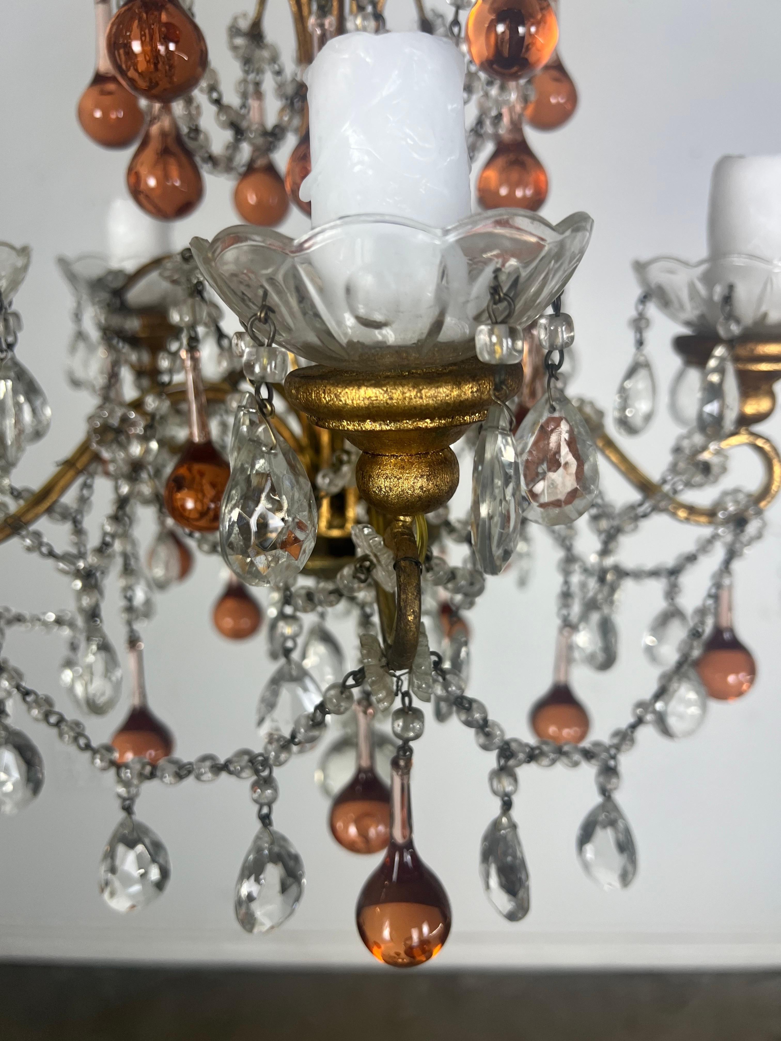 Araña de cinco luces de cuentas de cristal ámbar C. 1930 Italiano en venta