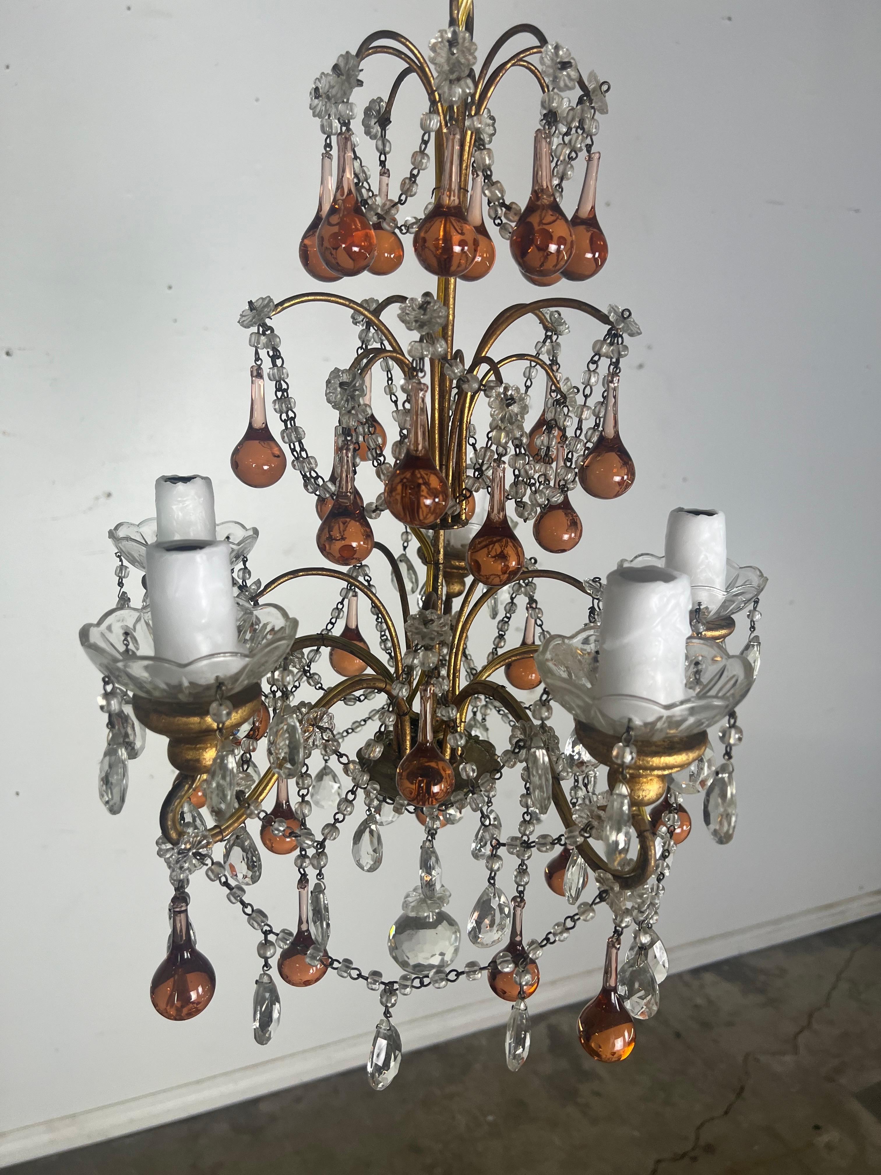 Araña de cinco luces de cuentas de cristal ámbar C. 1930 mediados del siglo XX en venta