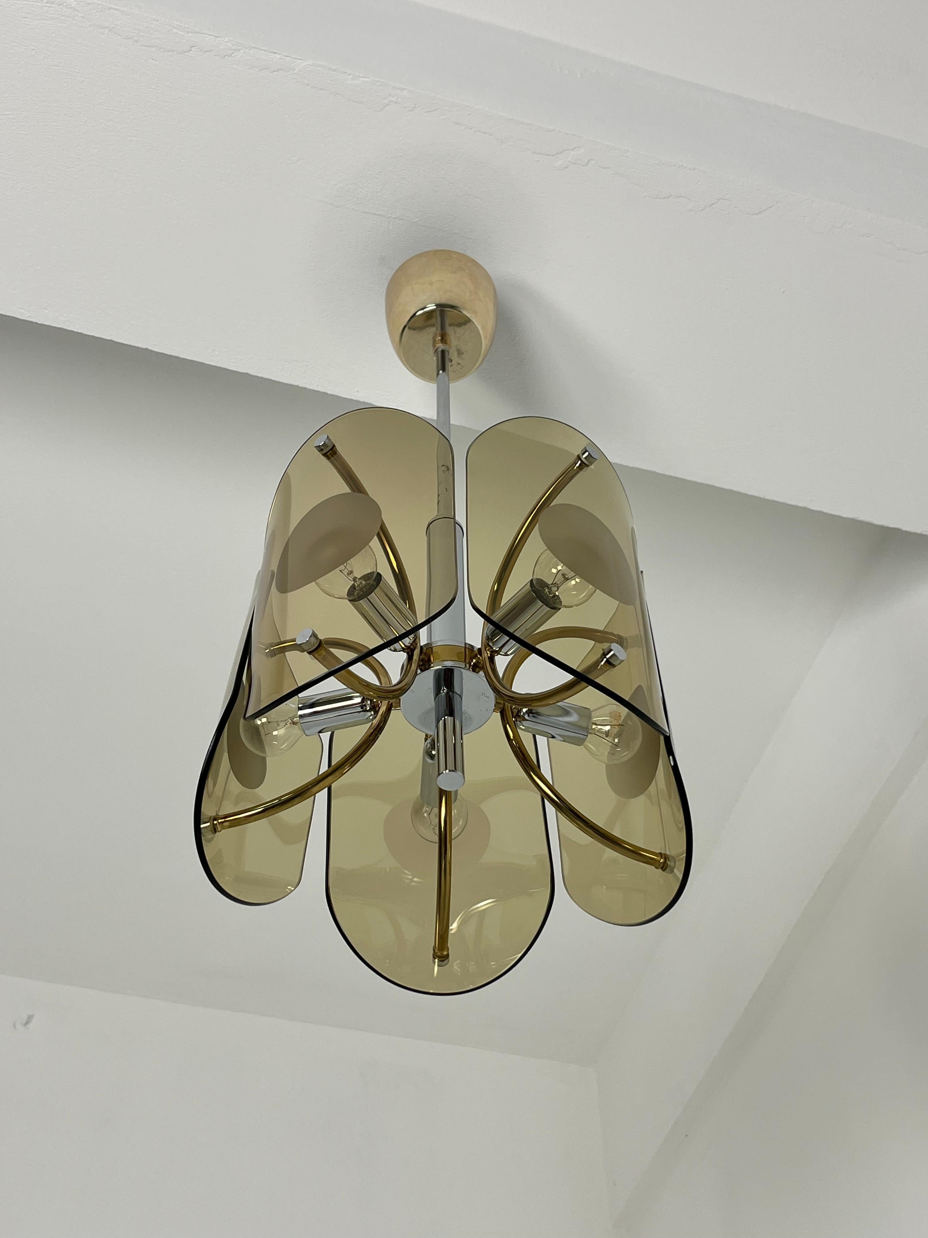 Metallo Lampadario a cinque luci in vetro di Murano color ambra, anni '70 in vendita