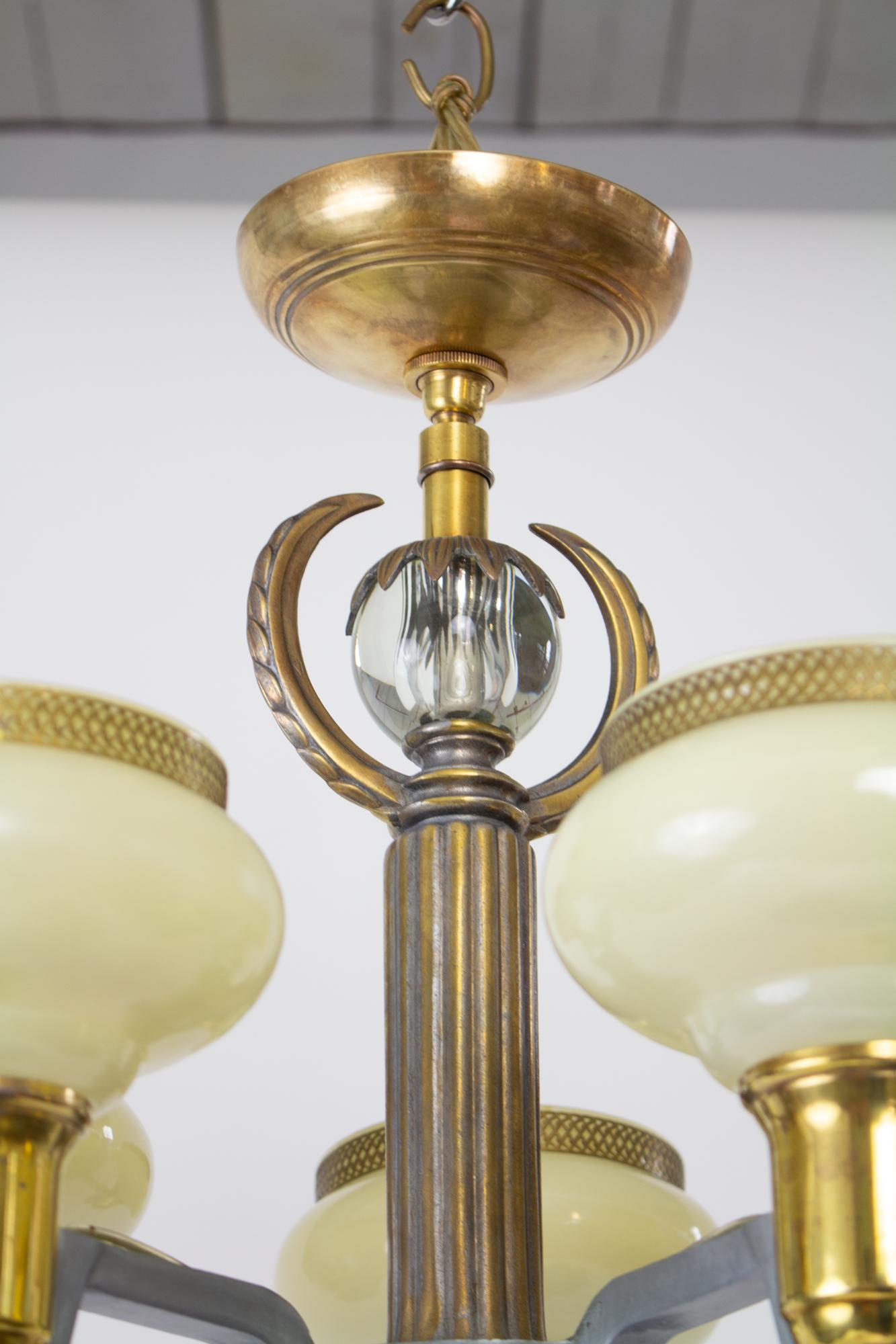 American Five light Art Deco Custard Glass Chandelier For Sale