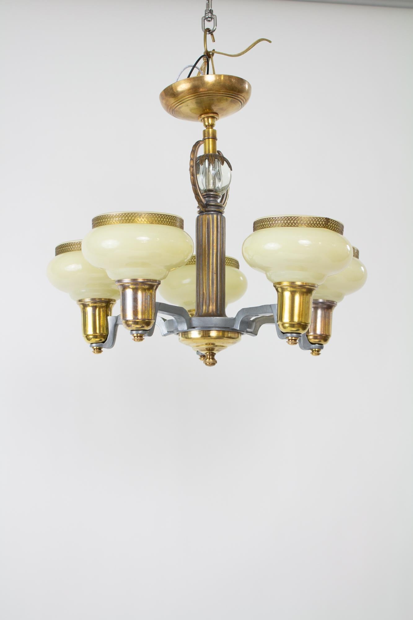 Metal Five light Art Deco Custard Glass Chandelier