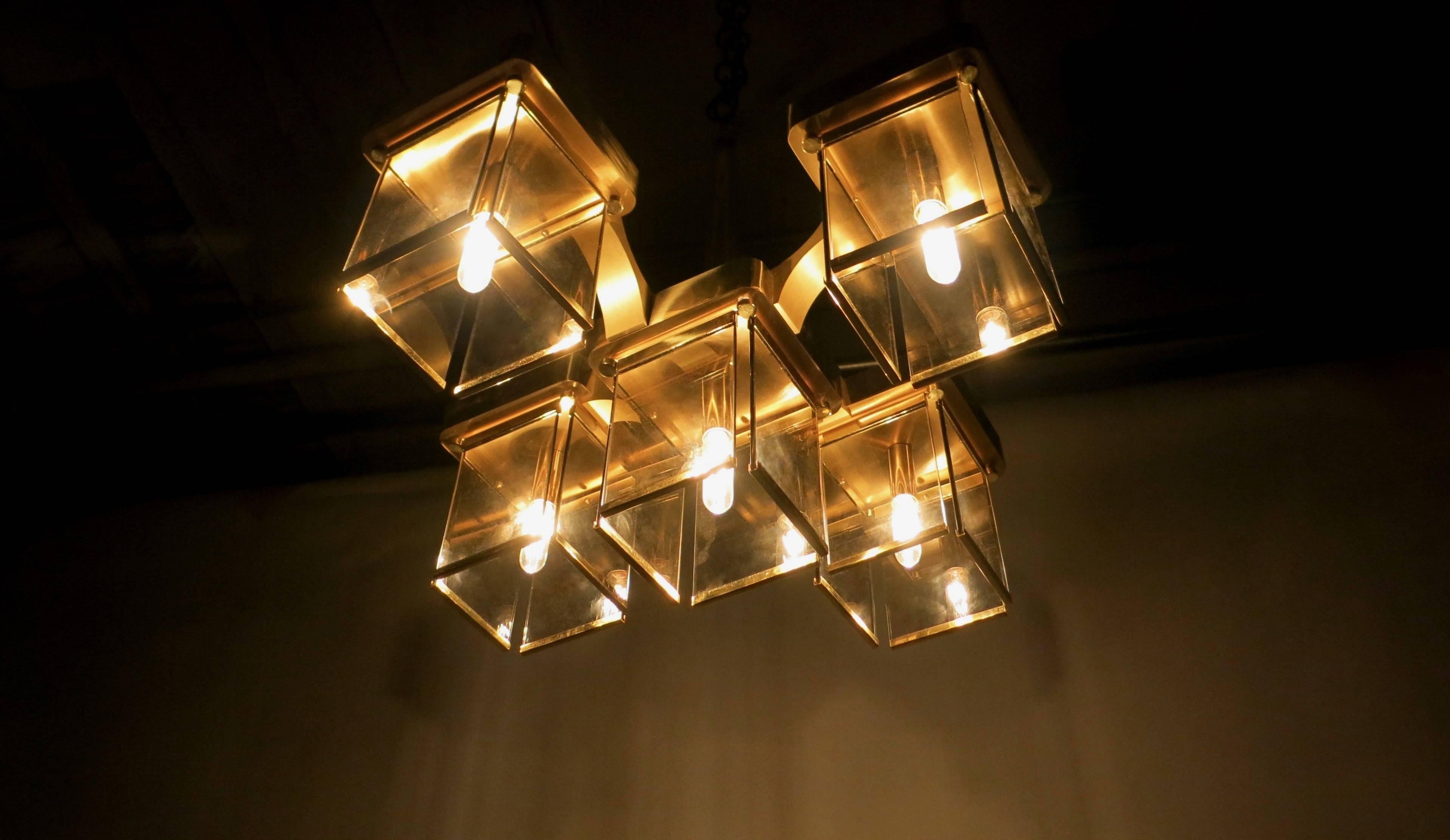 Mid-20th Century Brass and Smoked Glass Ceiling Fixture with 5 Lights by Sciolari, Italy 1960s