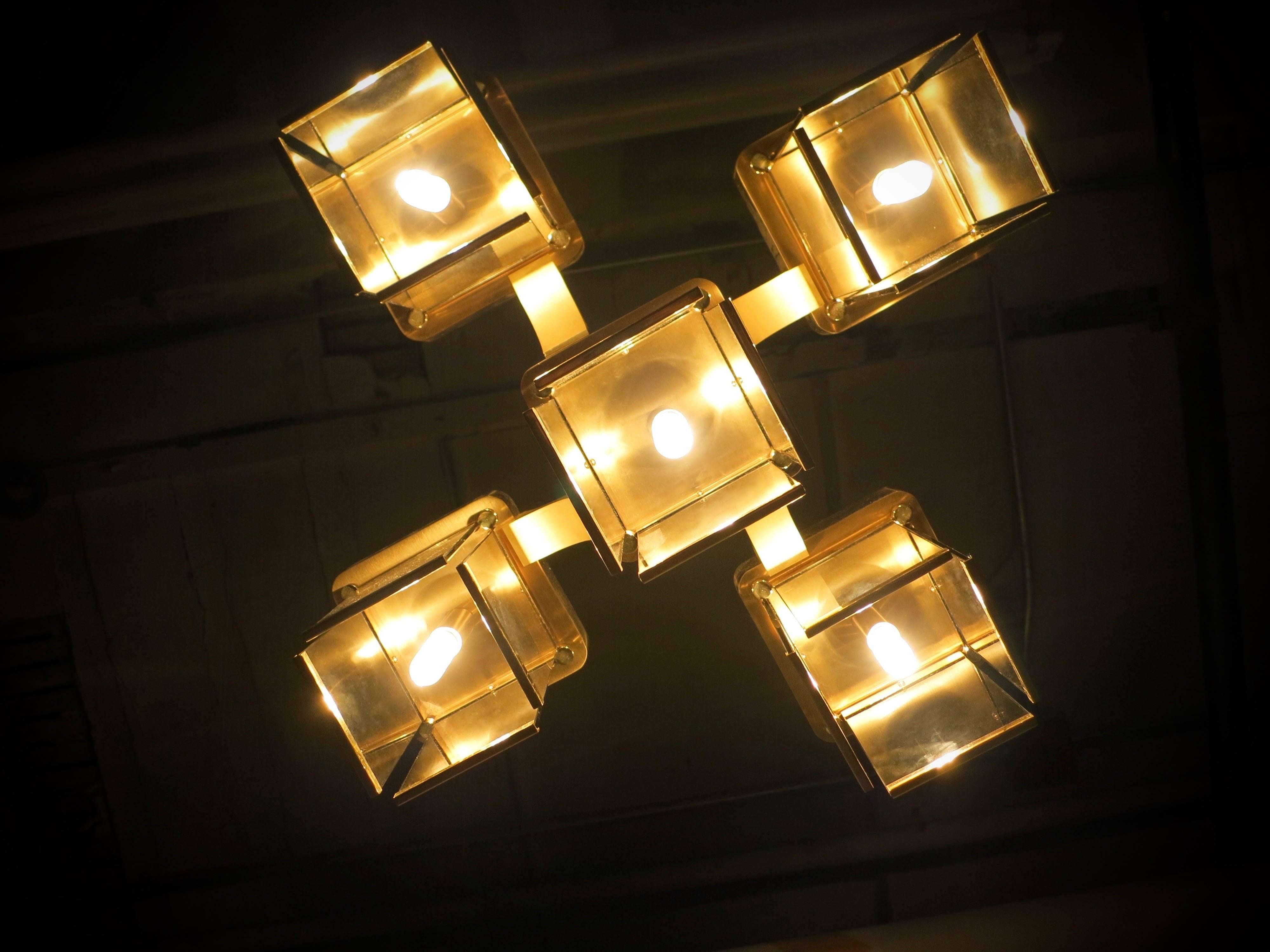 Brass and Smoked Glass Ceiling Fixture with 5 Lights by Sciolari, Italy 1960s 1