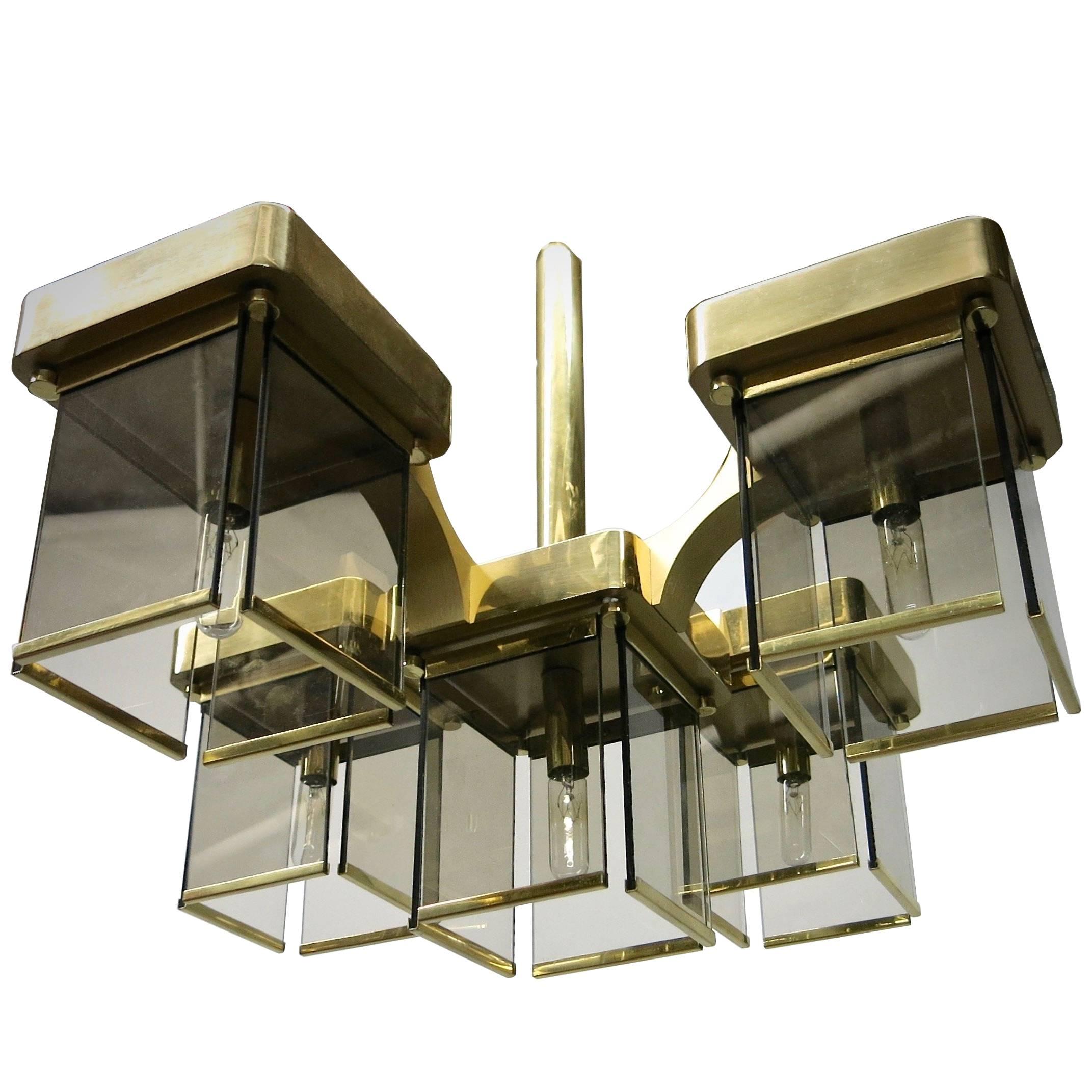 Brass and Smoked Glass Ceiling Fixture with 5 Lights by Sciolari, Italy 1960s