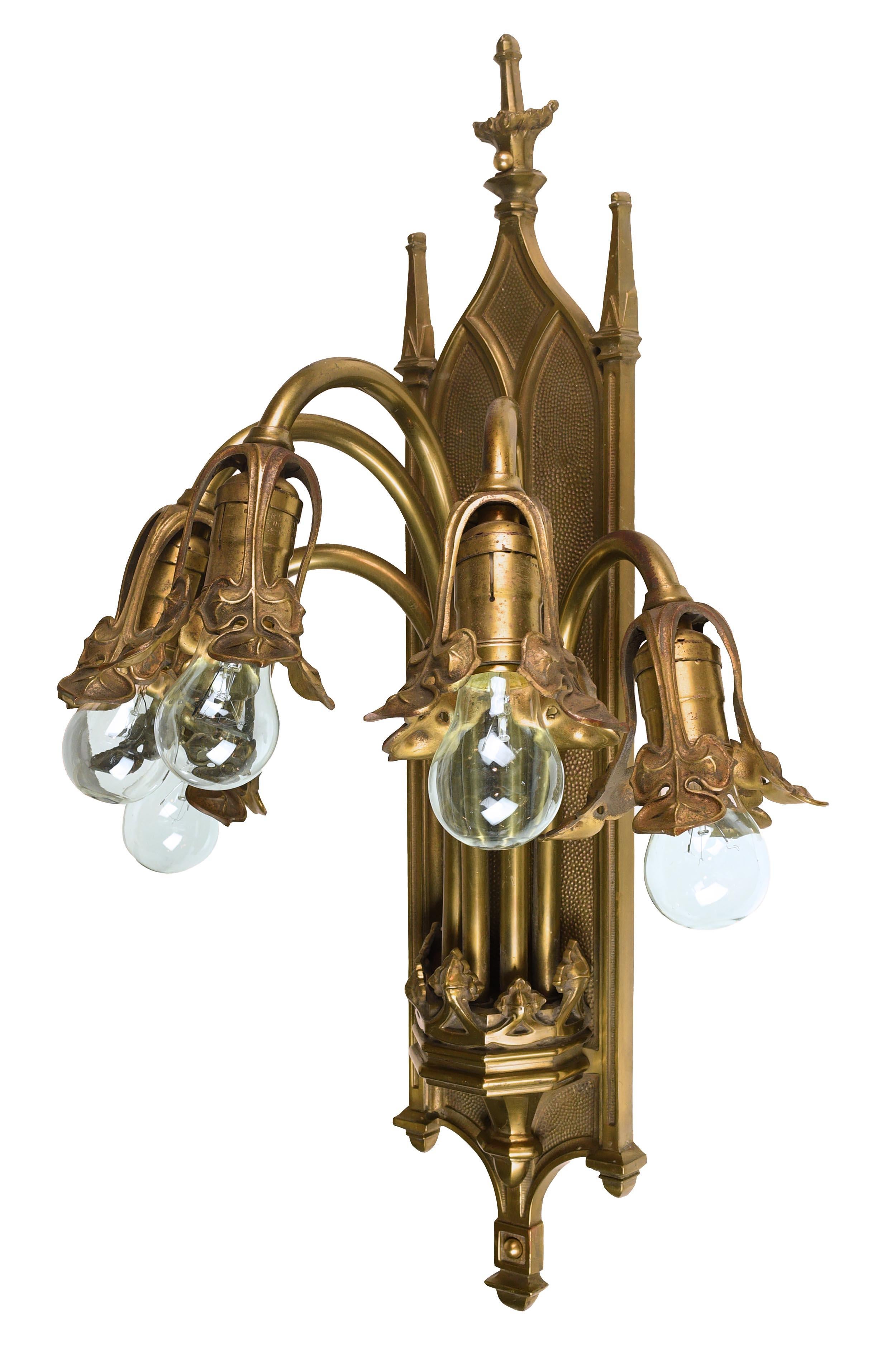 American Five-Light Cast Brass Bradley and Hubbard Gothic Sconce