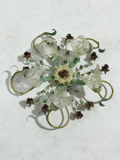 Five-light Ceiling Lamp in decorated wrought iron and Murano glass, 1980s.