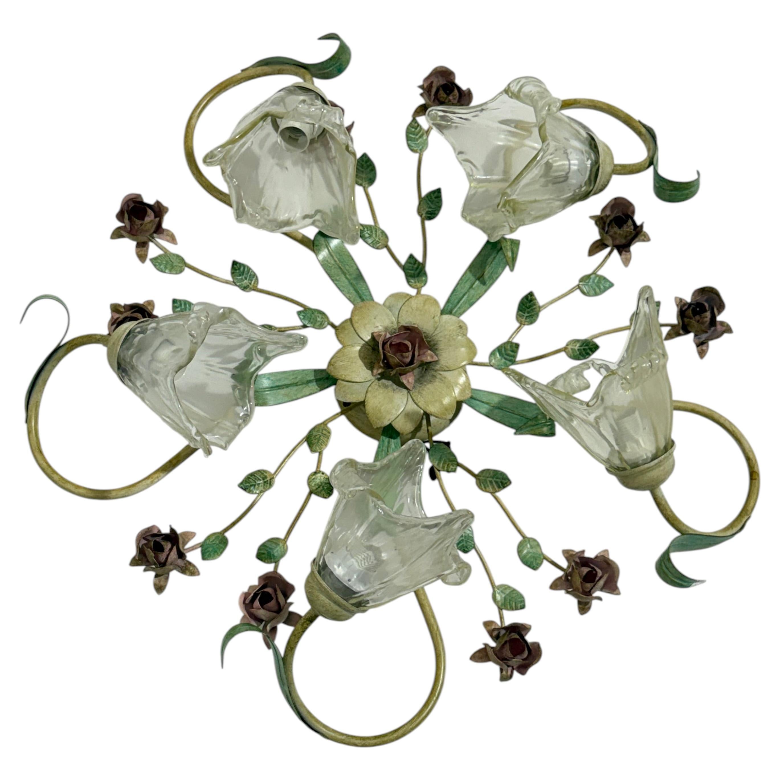 Five-light Ceiling Lamp in decorated wrought iron and Murano glass, 1980s. For Sale