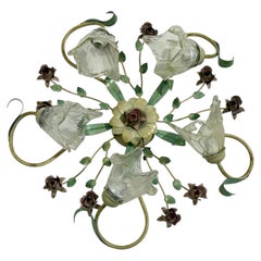 Five-light Ceiling Lamp in decorated wrought iron and Murano glass, 1980s.
