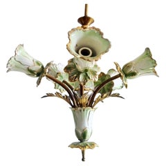 Five-Light Floral Style Chandelier, Decorated Ceramic and Brass, Italy, 1950s