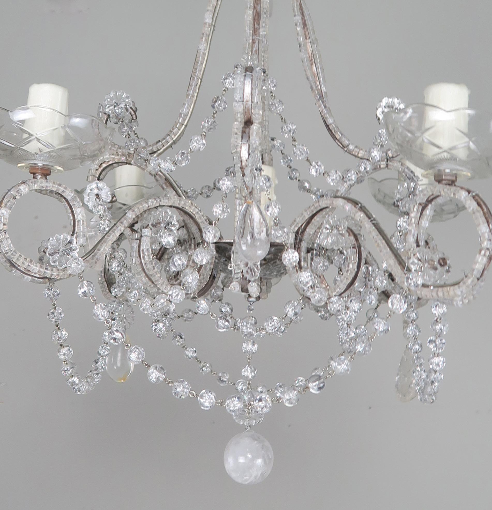 Rococo Five-Light French Rock Crystal Chandelier, circa 1930s