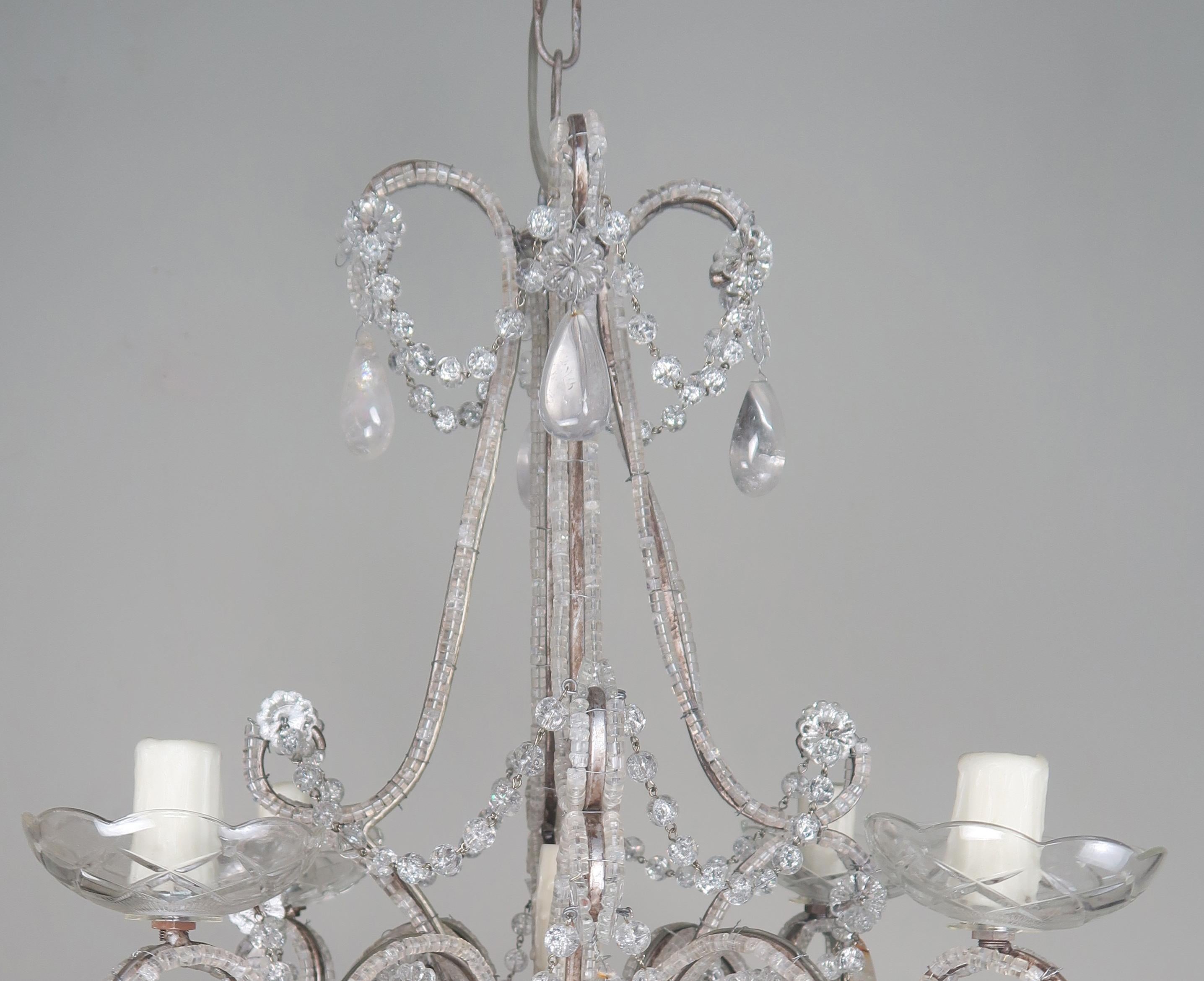 Five-Light French Rock Crystal Chandelier, circa 1930s In Excellent Condition In Los Angeles, CA