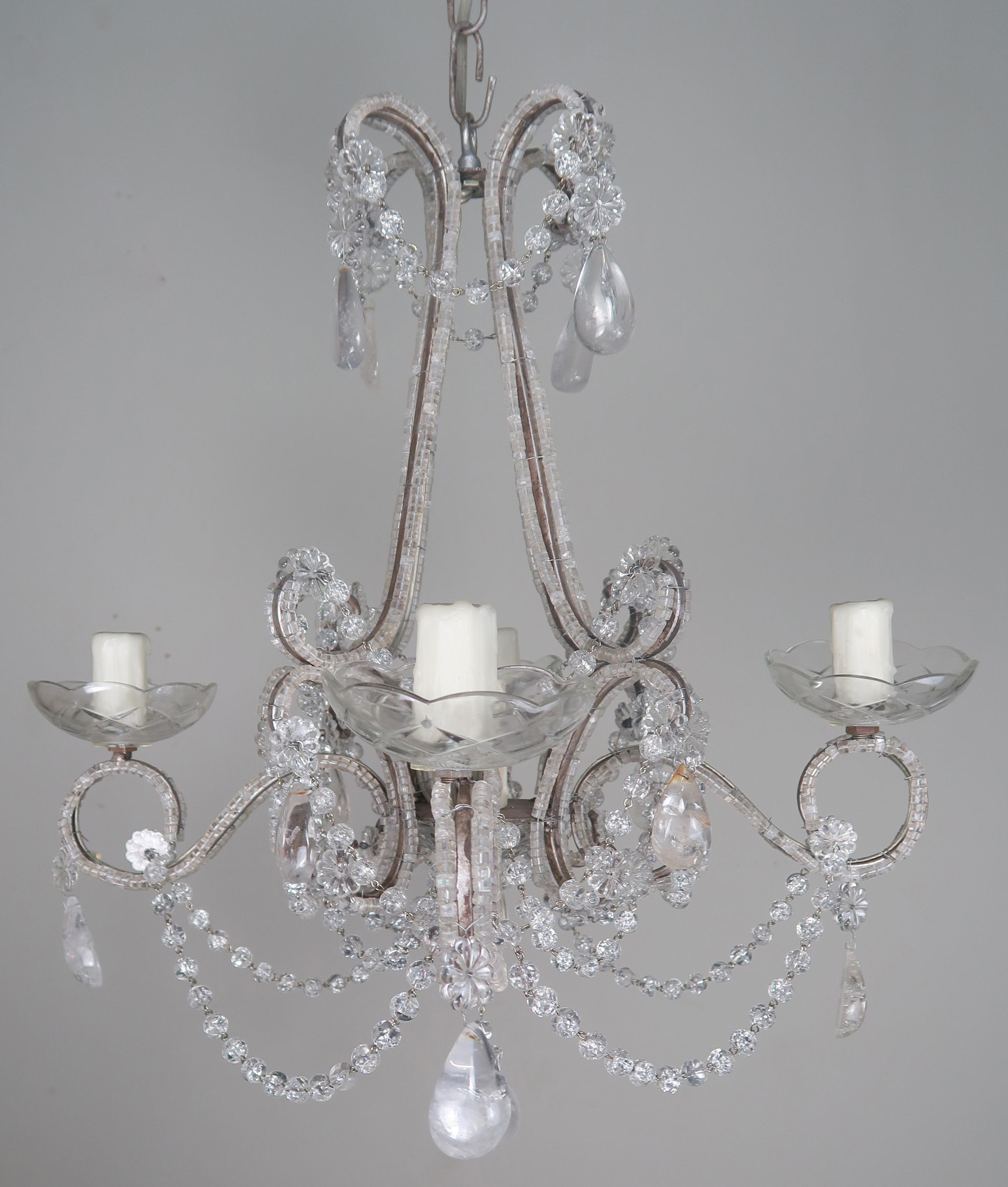 Mid-20th Century Five-Light French Rock Crystal Chandelier, circa 1930s