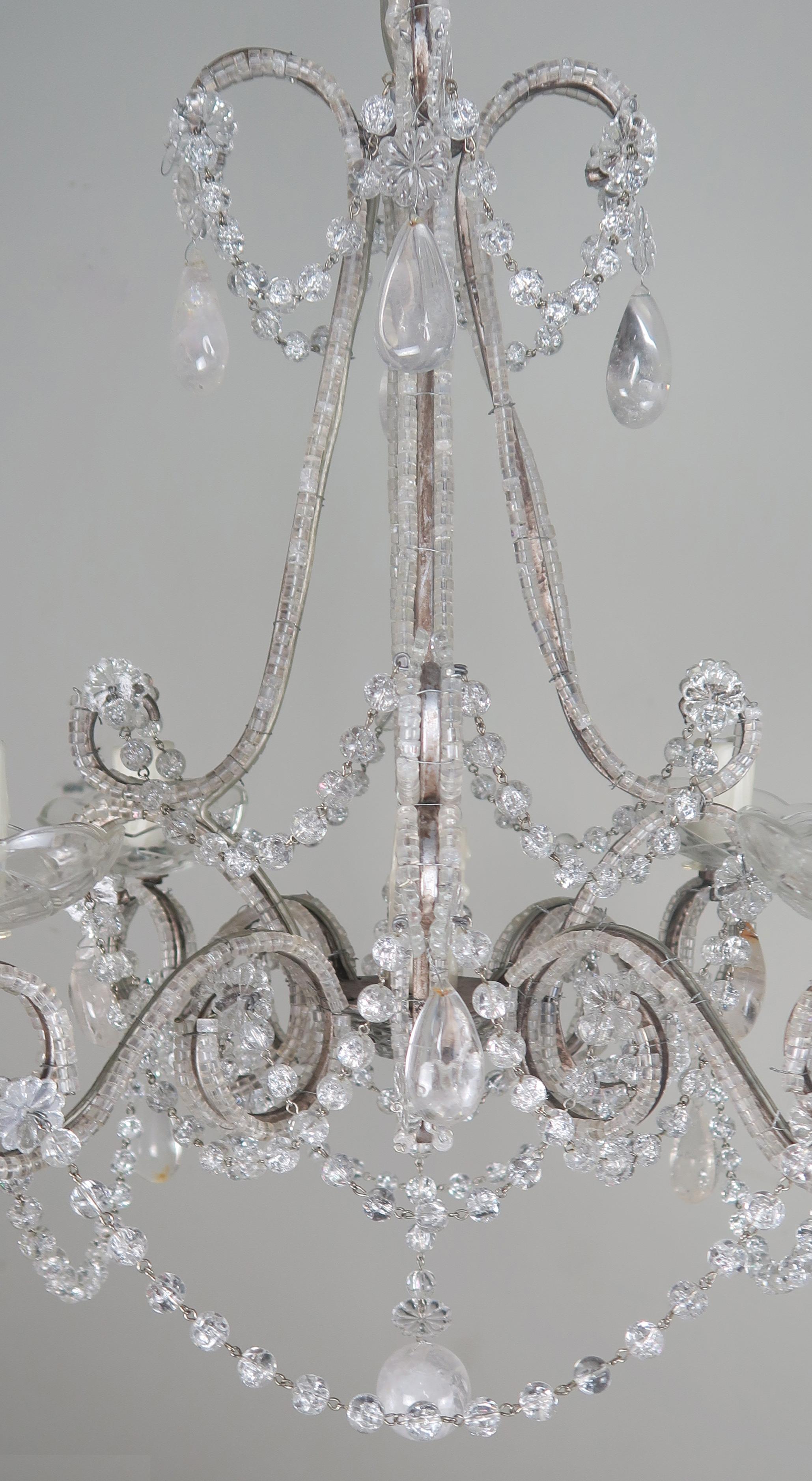 Metal Five-Light French Rock Crystal Chandelier, circa 1930s