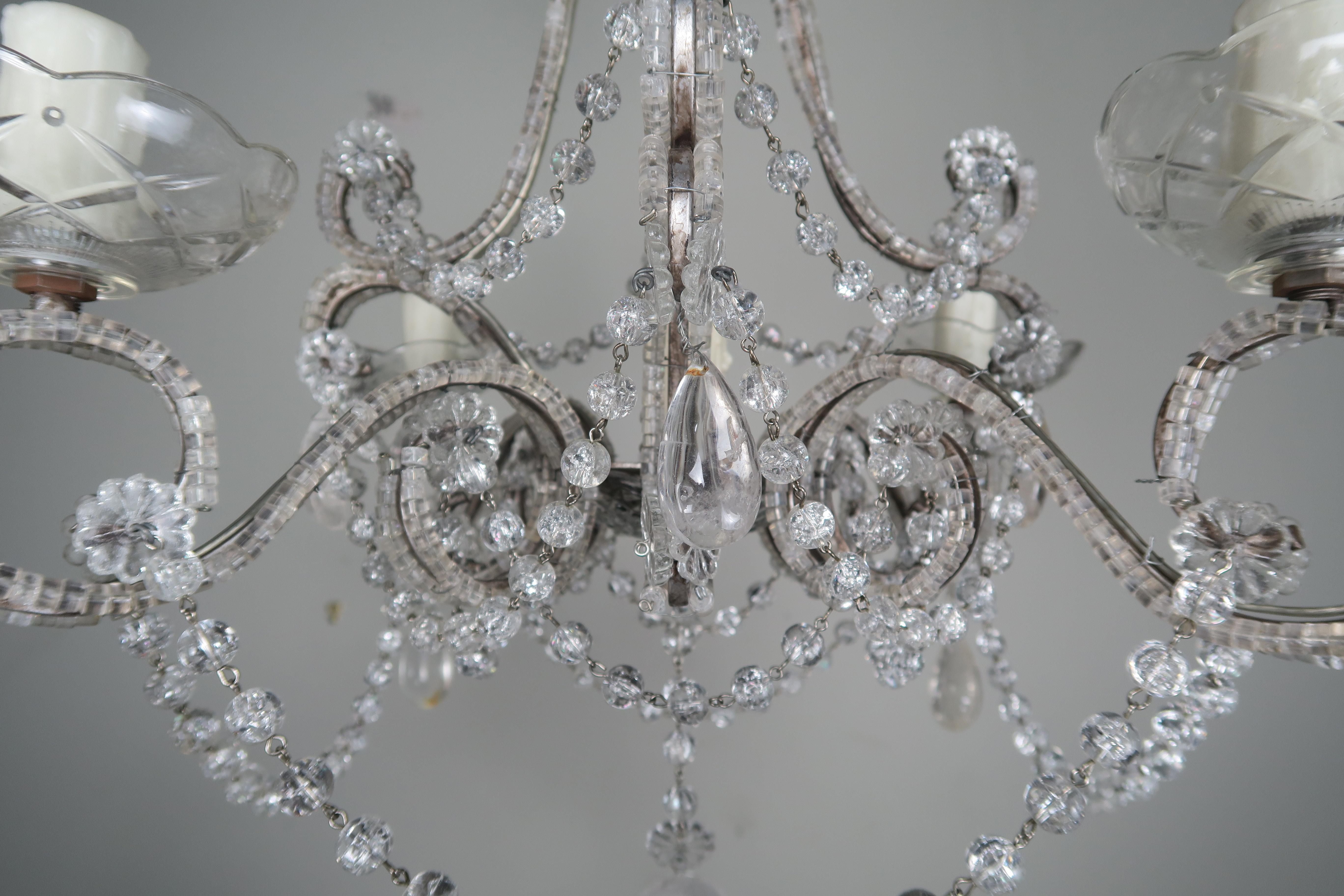 Five-Light French Rock Crystal Chandelier, circa 1930s 1