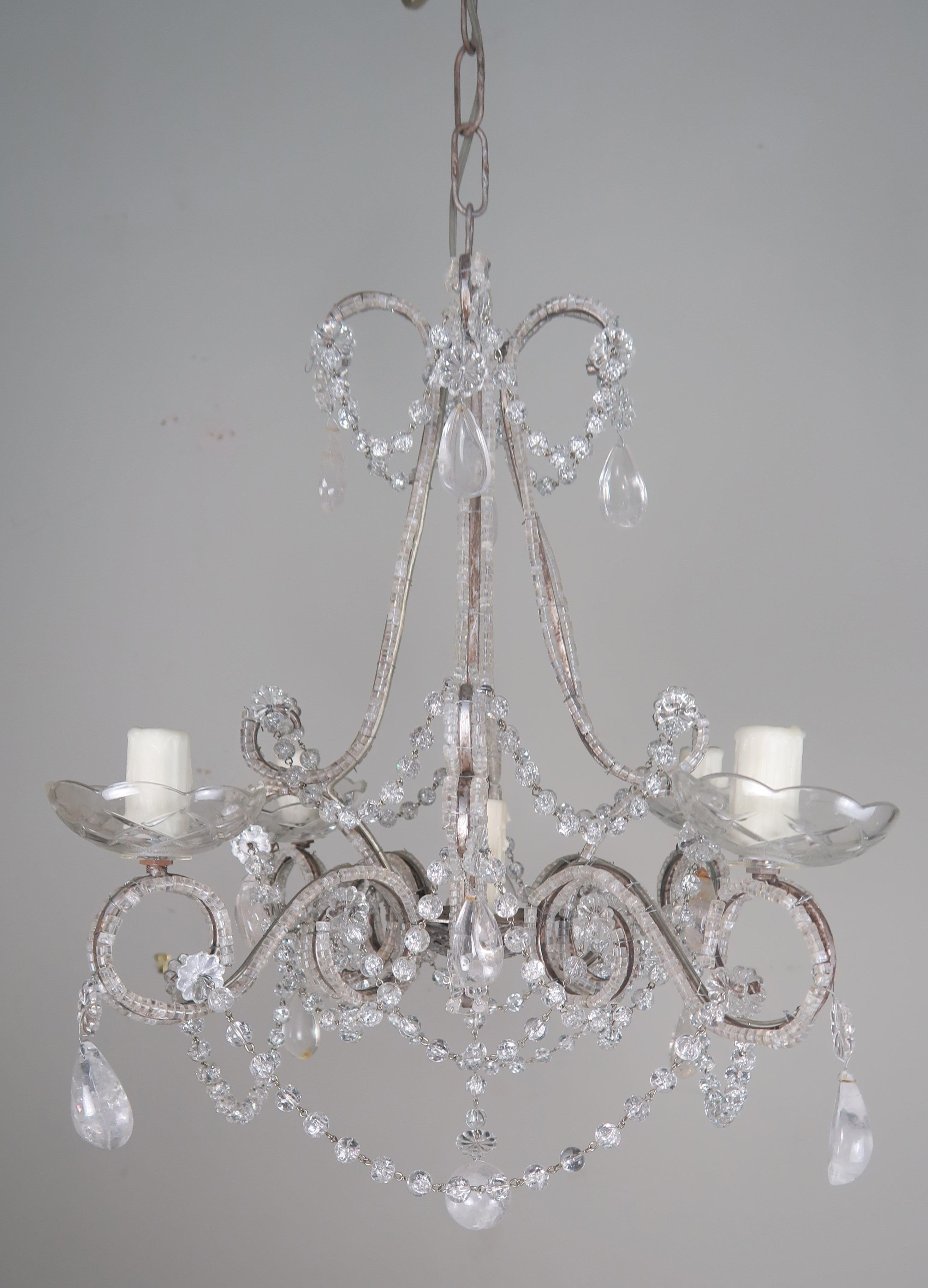 Five-Light French Rock Crystal Chandelier, circa 1930s 2