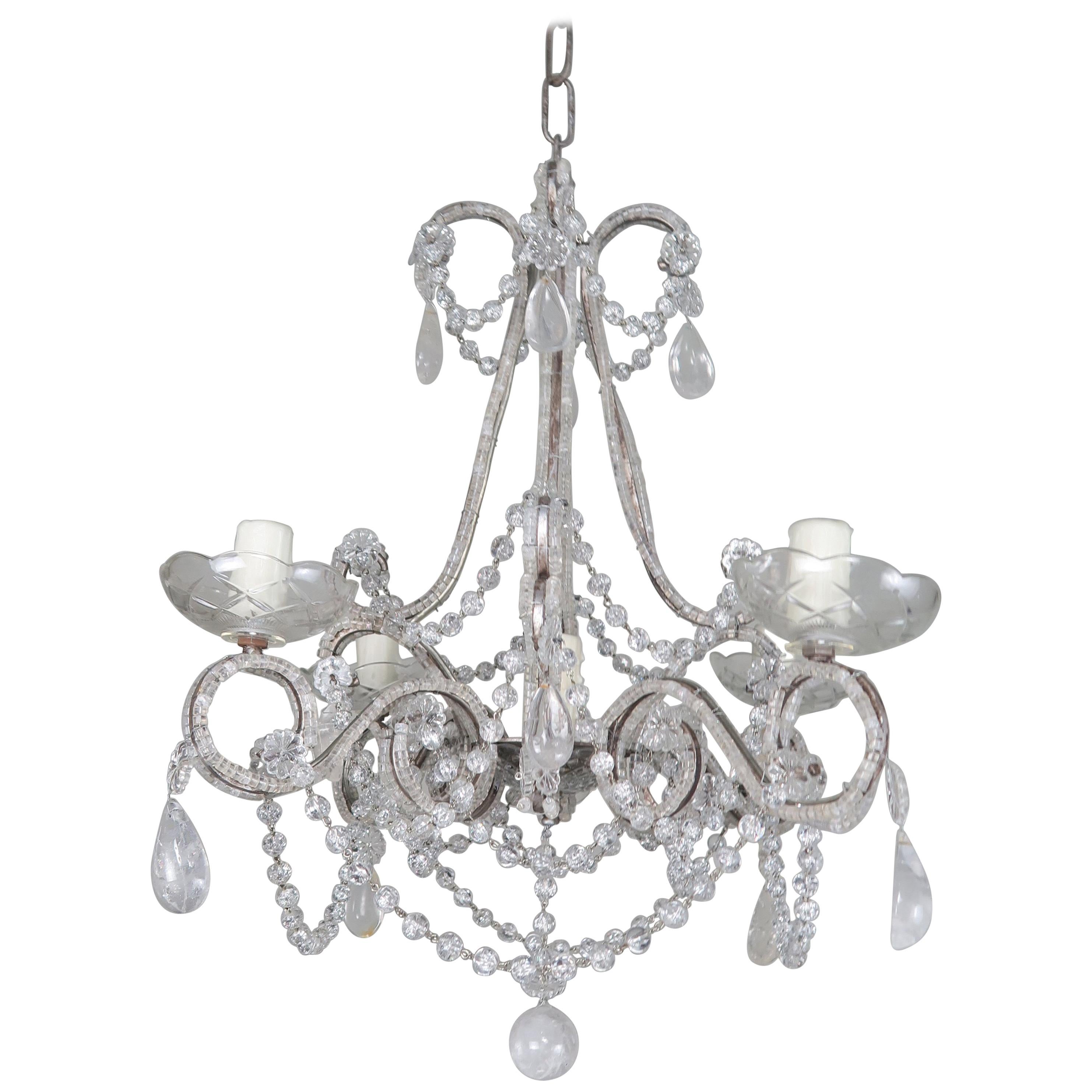 Five-Light French Rock Crystal Chandelier, circa 1930s