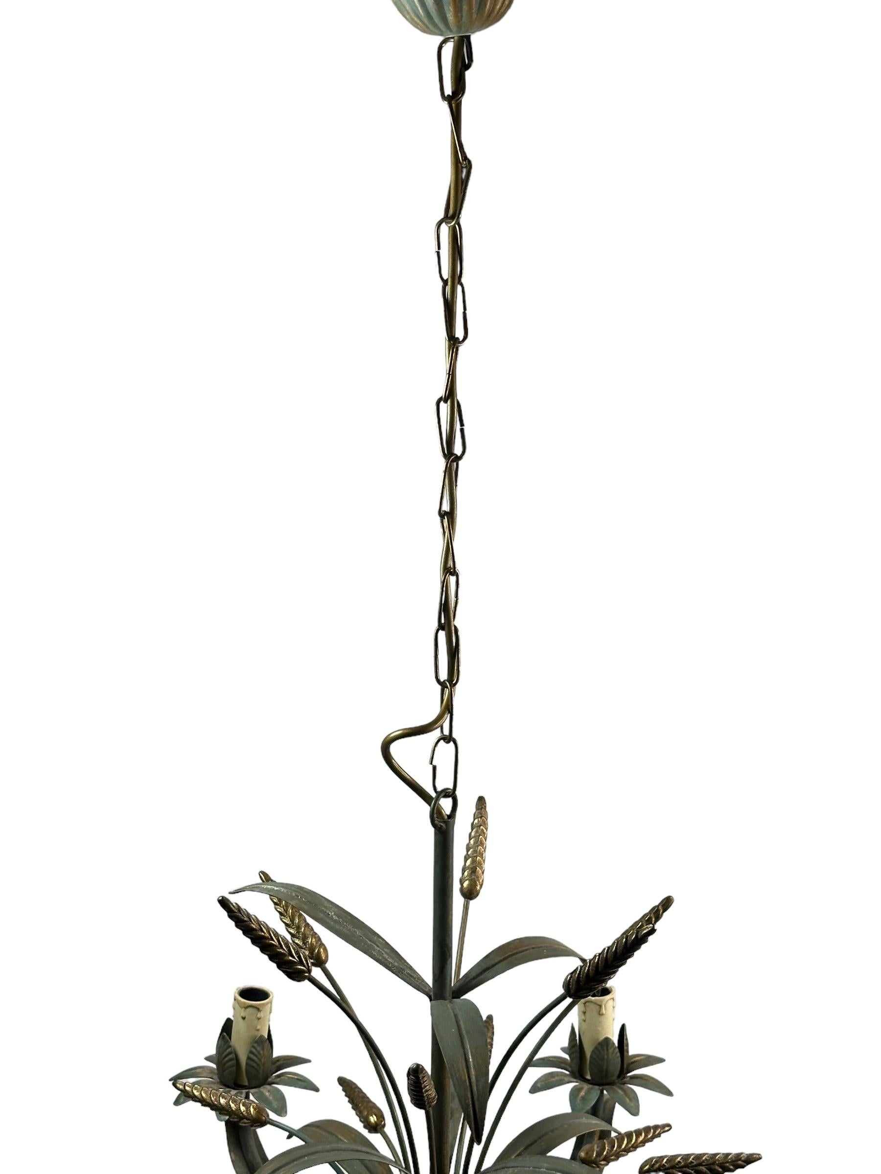 Mid-20th Century Five-Light Gilt Verdigris Metal Wheat Sheaf Tole Chandelier Coco Chanel Style For Sale