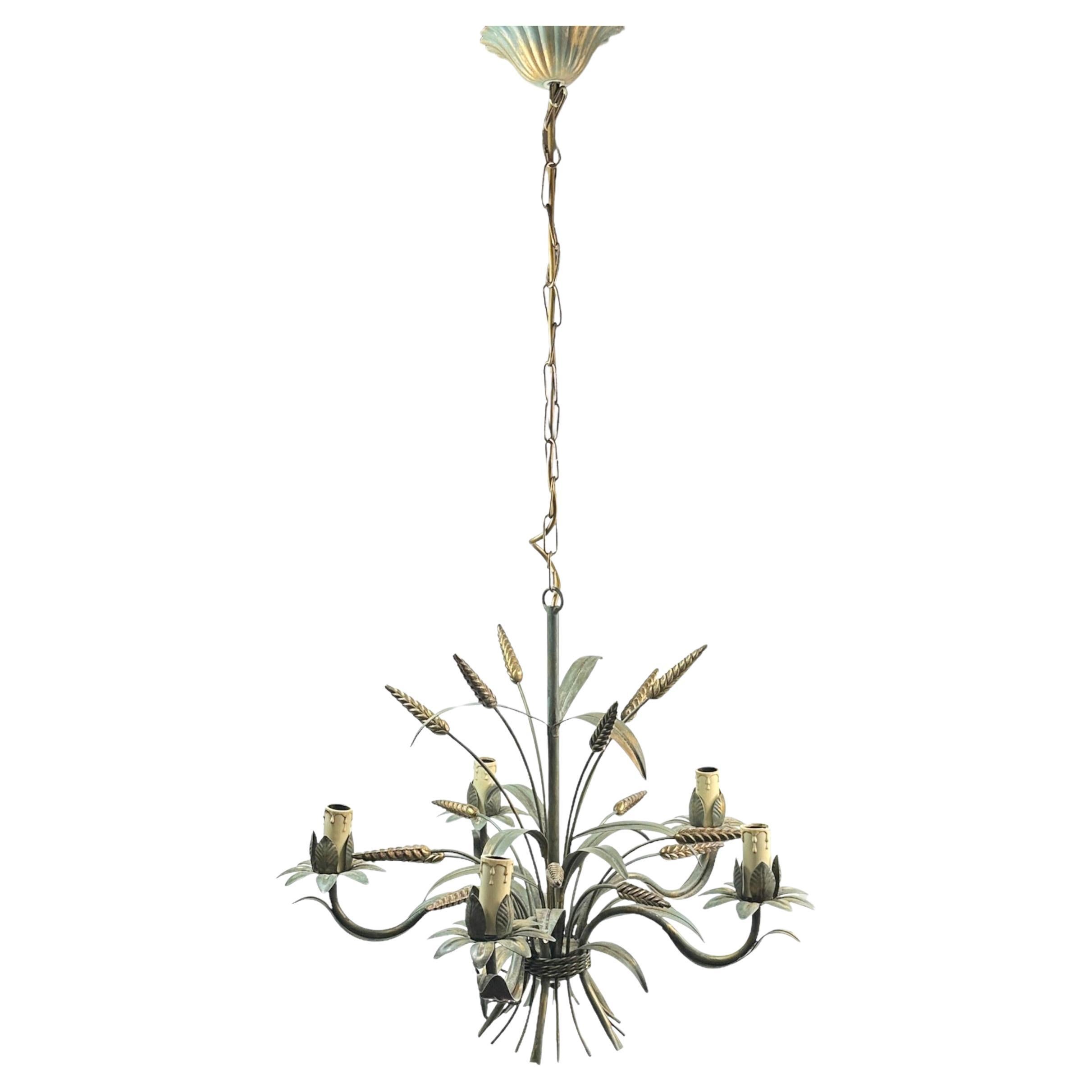 Five-Light Gilt Verdigris Metal Wheat Sheaf Tole Chandelier Coco Chanel Style For Sale