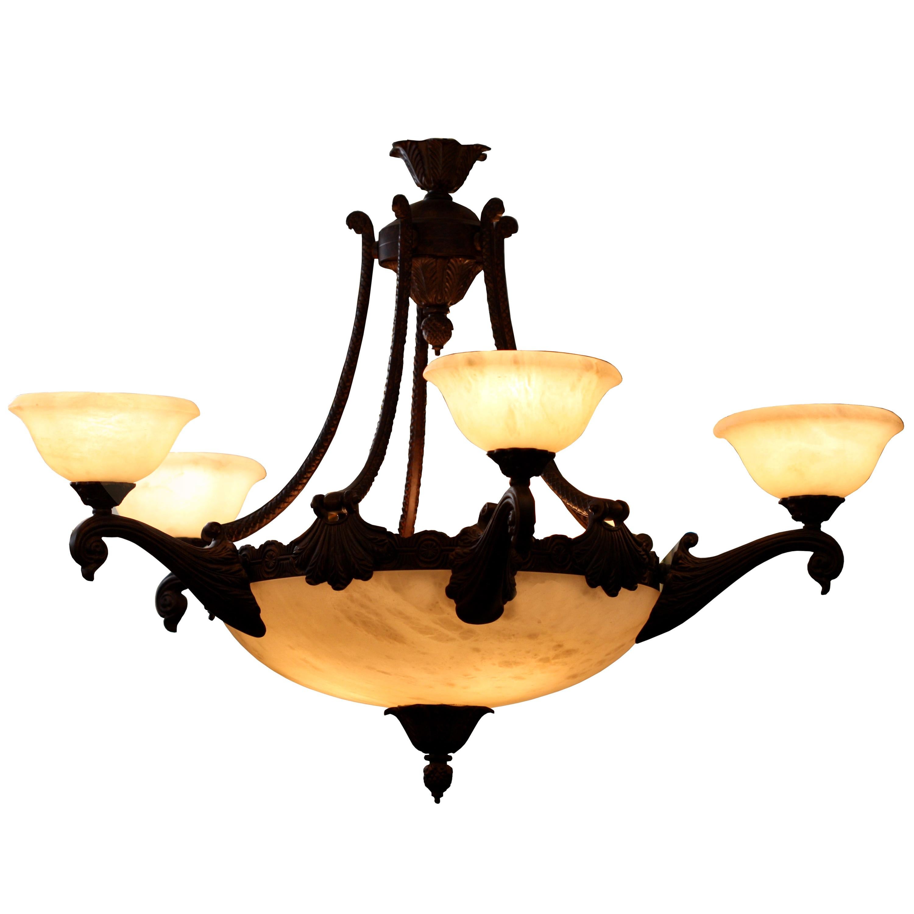 Five Light Italian Alabaster and Bronze Chandelier For Sale