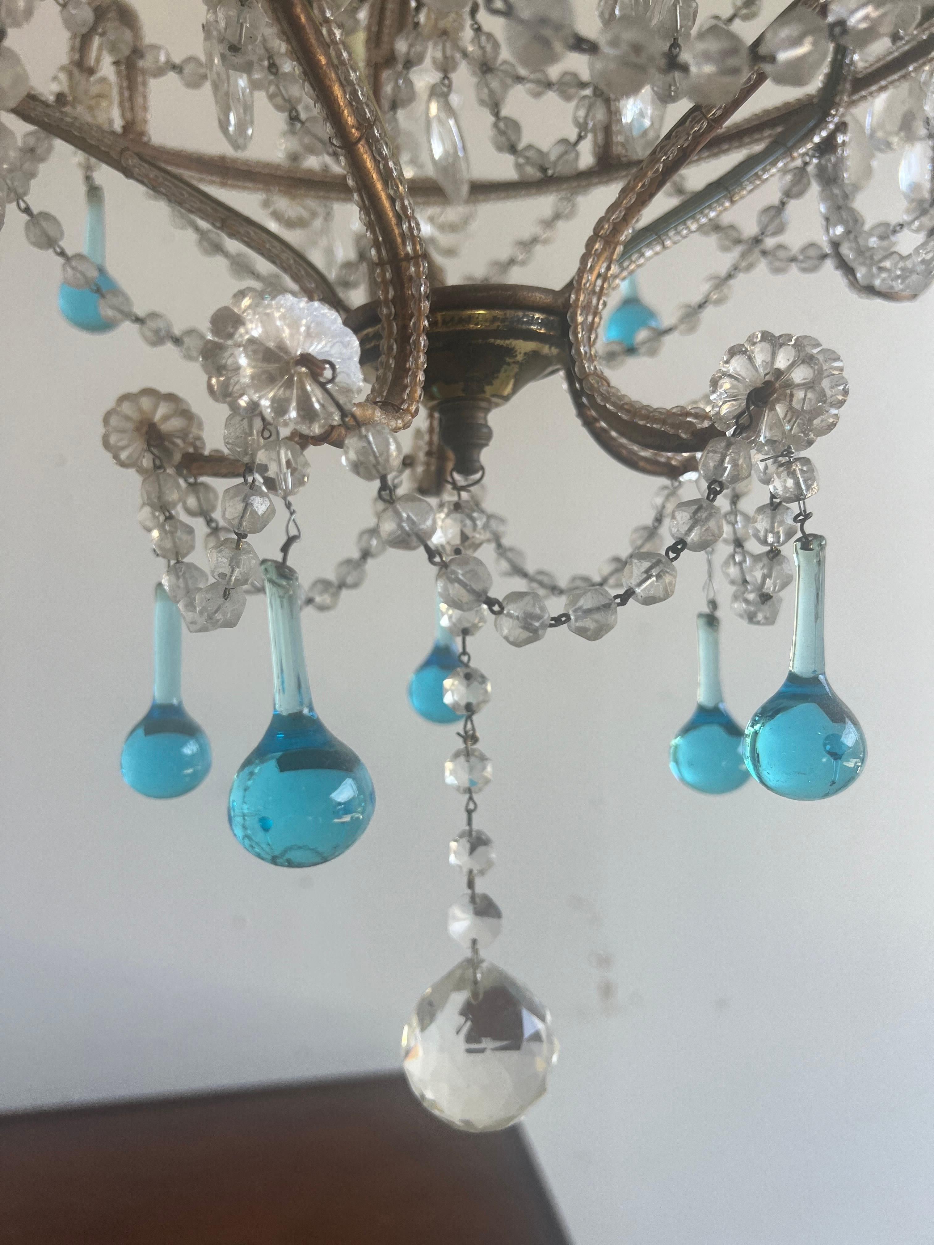 Chandelier italien à cinq lumières en cristal perlé C.C. 1930 en vente 4