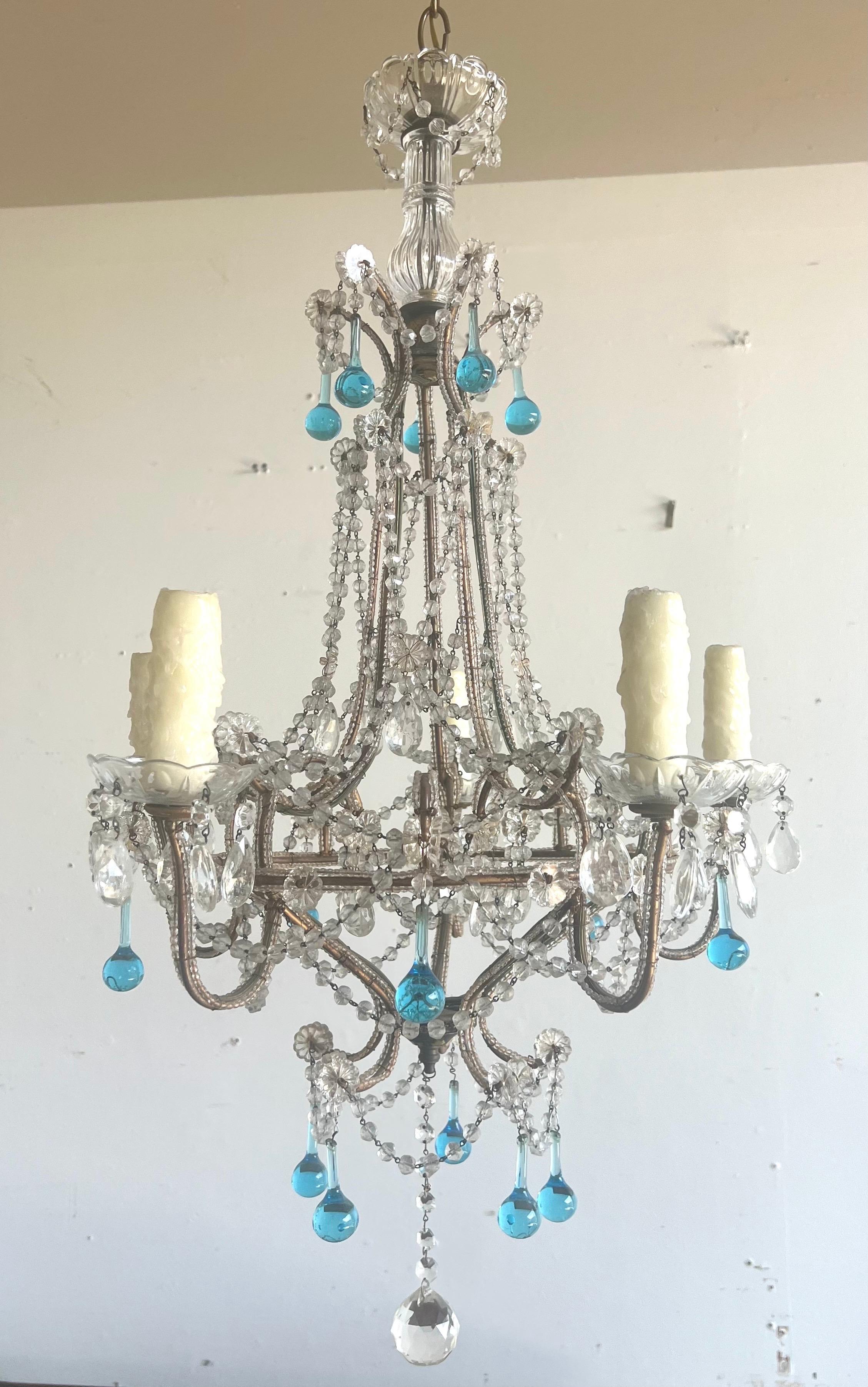 Chandelier italien à cinq lumières en cristal perlé C.C. 1930 en vente 6