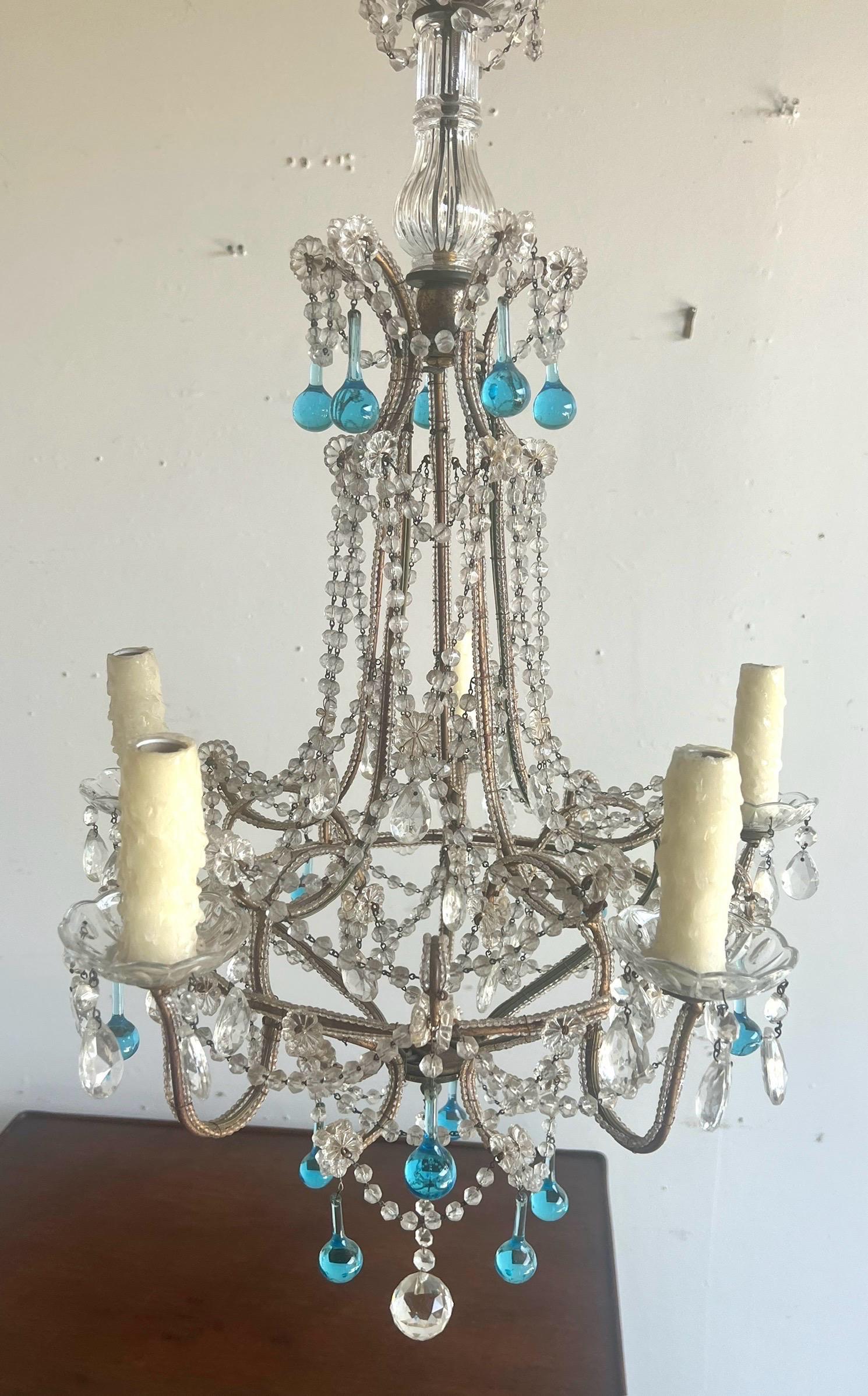 Chandelier italien à cinq lumières en cristal perlé C.C. 1930 en vente 7