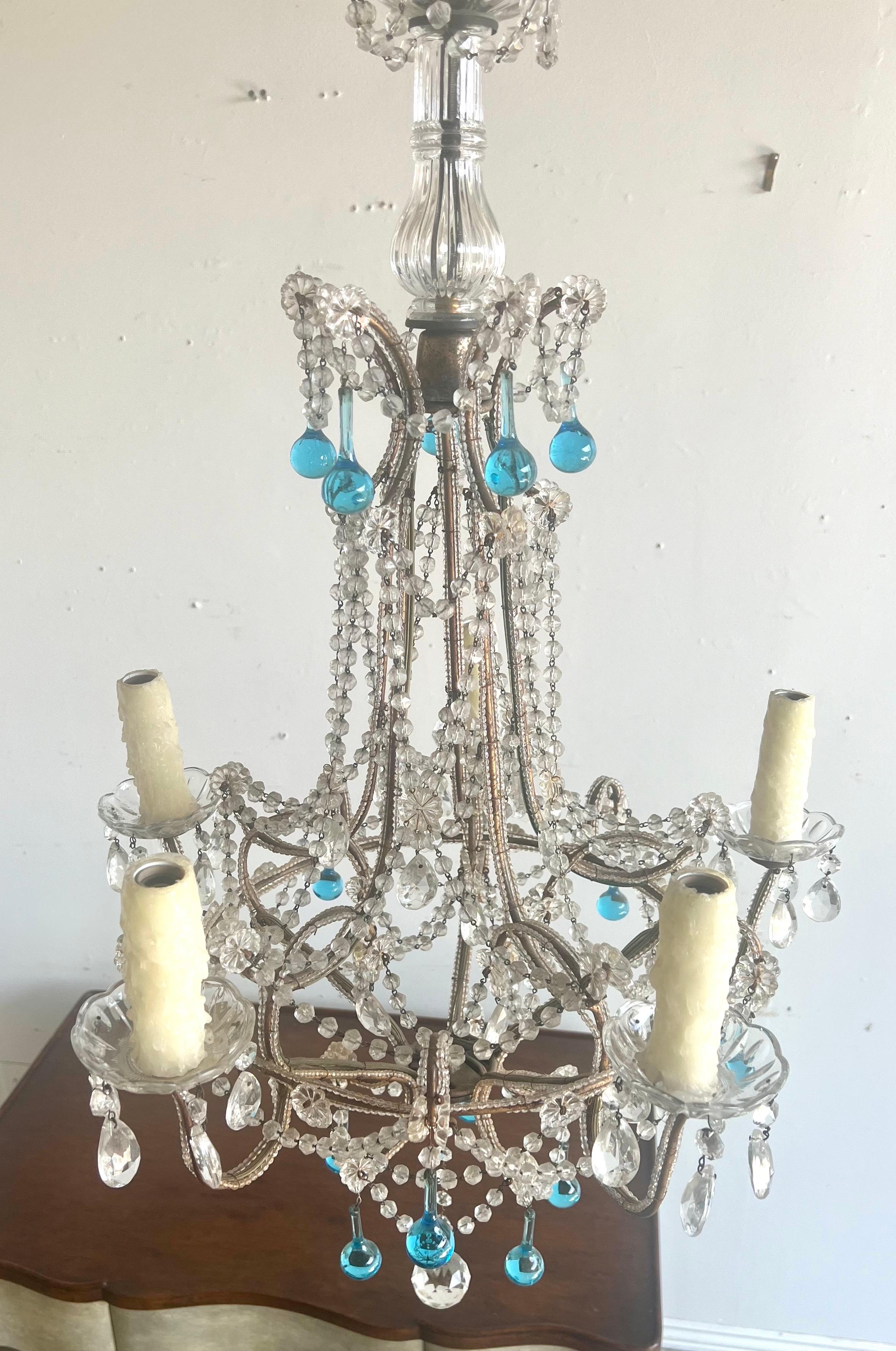 Chandelier italien à cinq lumières en cristal perlé C.C. 1930 en vente 8