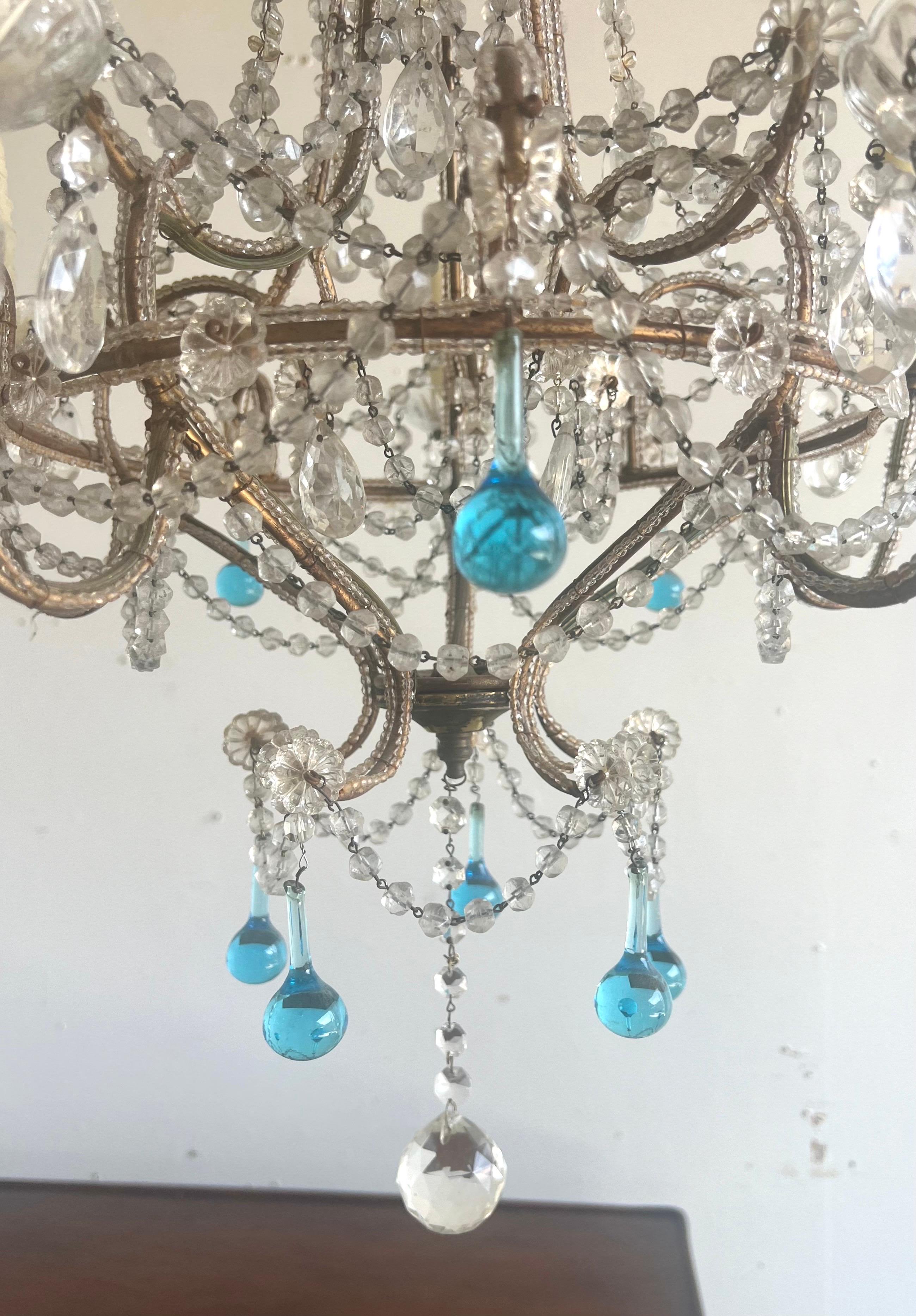 Métal Chandelier italien à cinq lumières en cristal perlé C.C. 1930 en vente