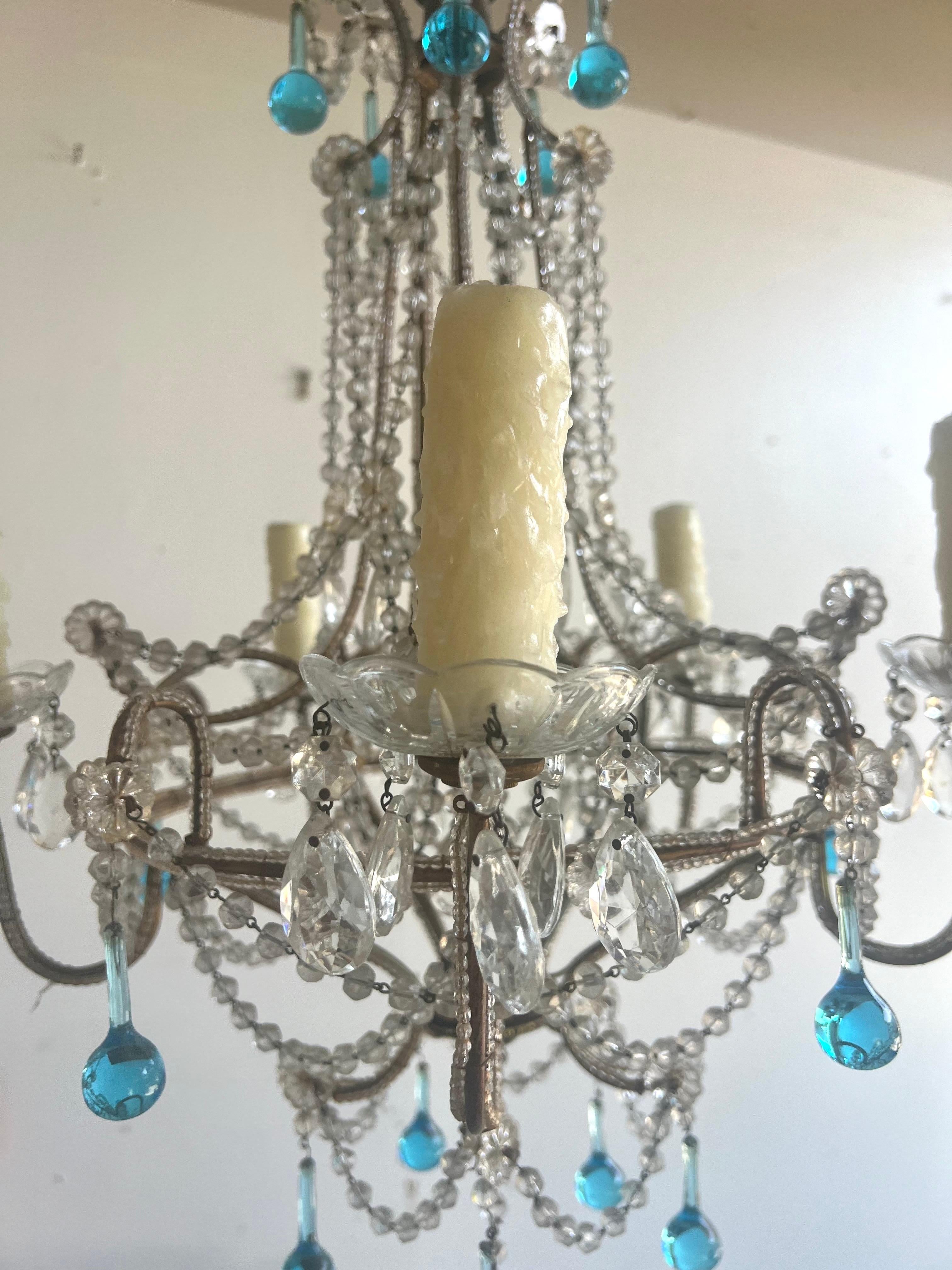Chandelier italien à cinq lumières en cristal perlé C.C. 1930 en vente 1