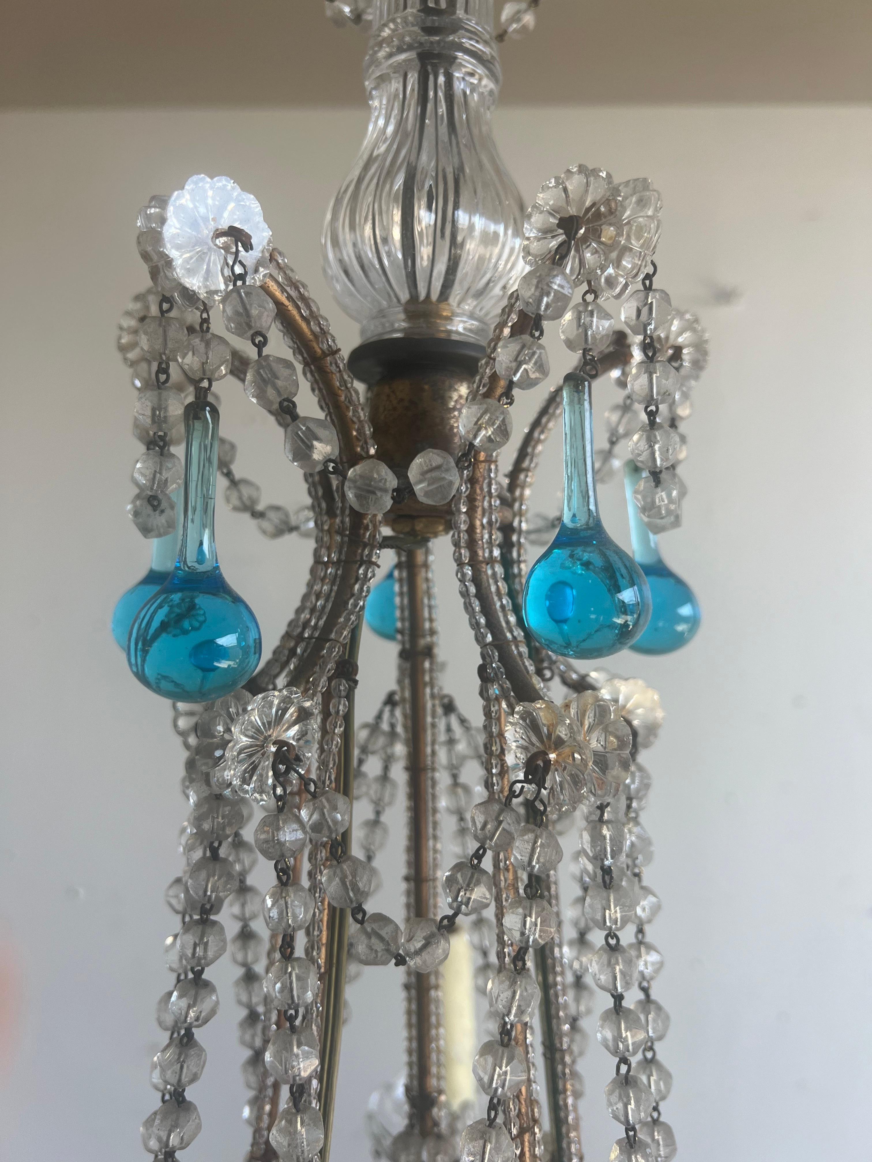Chandelier italien à cinq lumières en cristal perlé C.C. 1930 en vente 2