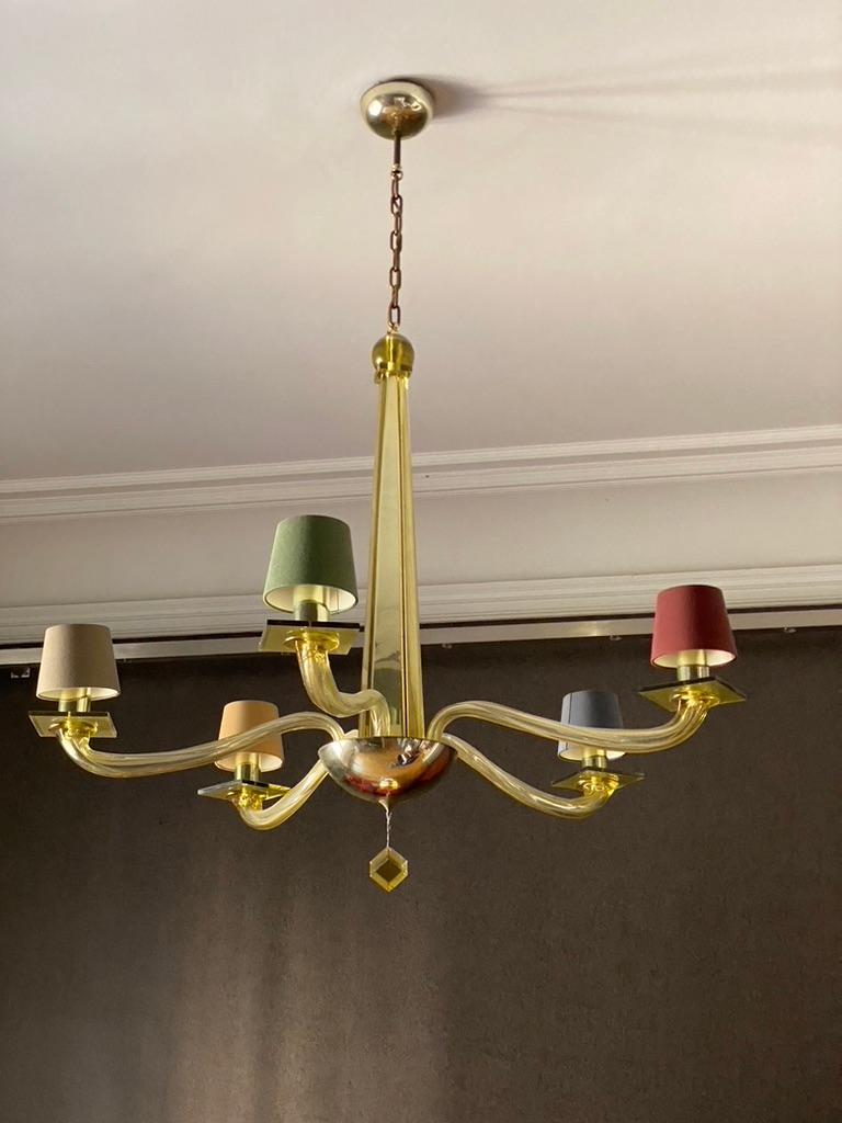Murano glass chandelier created in the 1980s by Seguso for Angelo Donghia.  Perfect original condition with some used marks. 