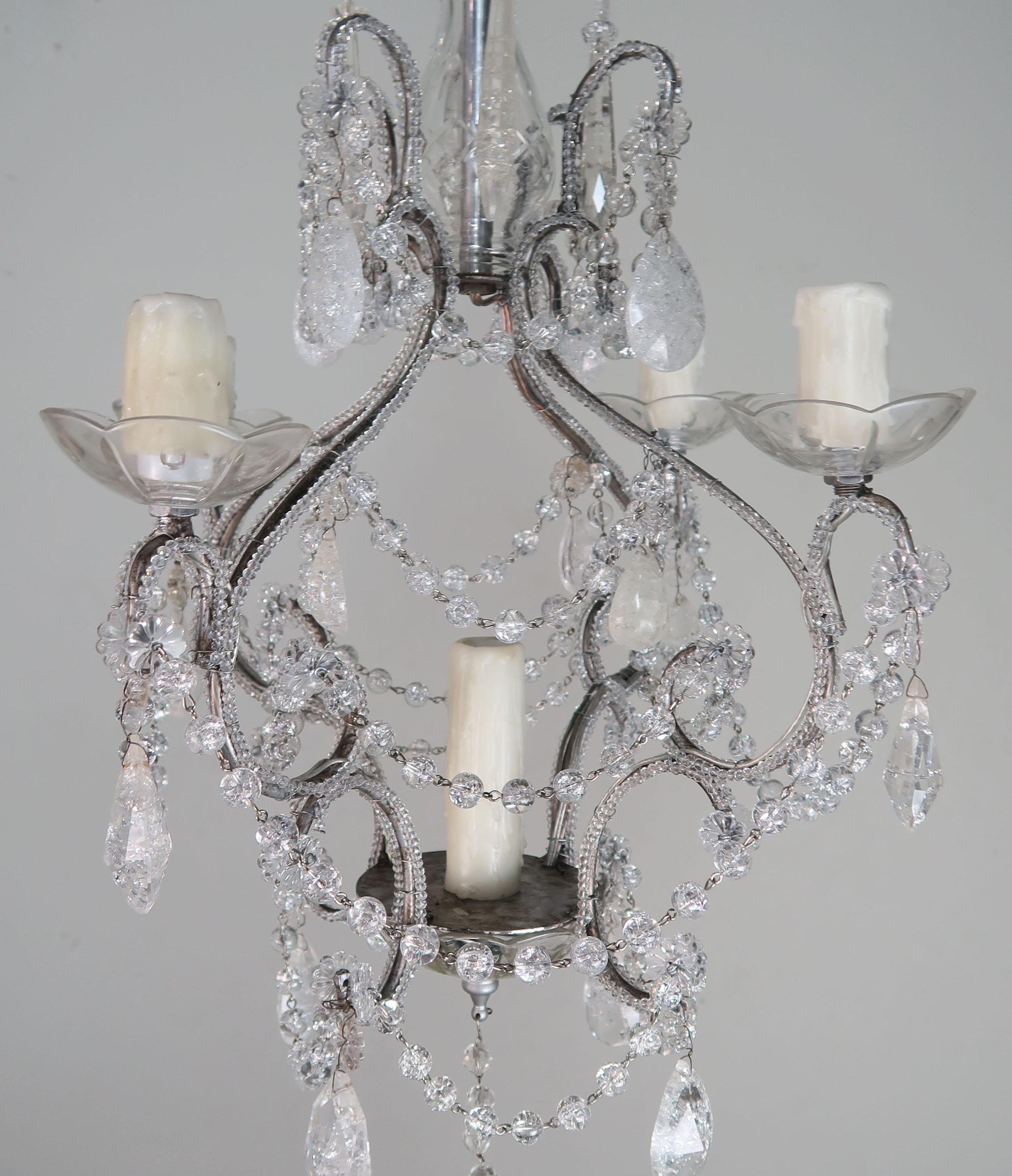 Five-Light Rock Crystal Beaded Chandelier In Excellent Condition In Los Angeles, CA